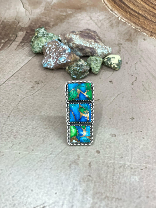 Handmade Sterling Silver Peacock Dahlia Adjustable Ring with Signed Nizhoni