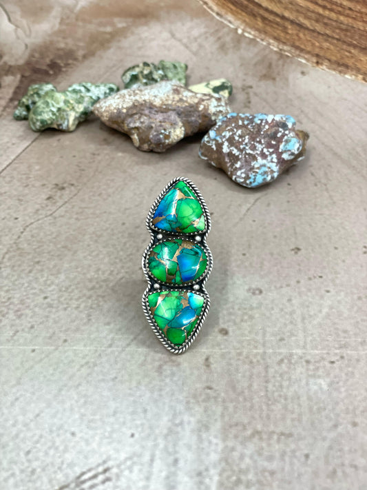 Handmade Sterling Silver Peacock Dahlia Adjustable Ring with Signed Nizhoni