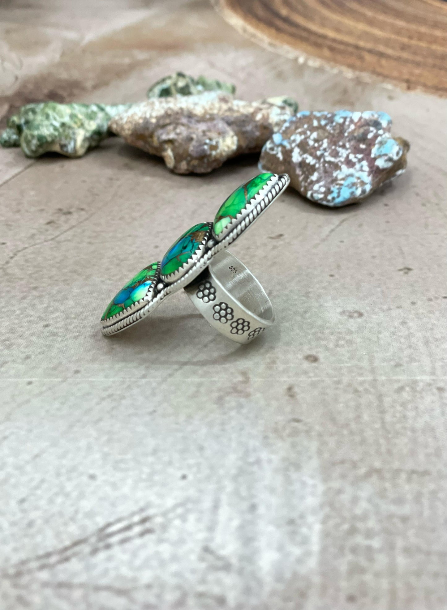 Handmade Sterling Silver Peacock Dahlia Adjustable Ring with Signed Nizhoni