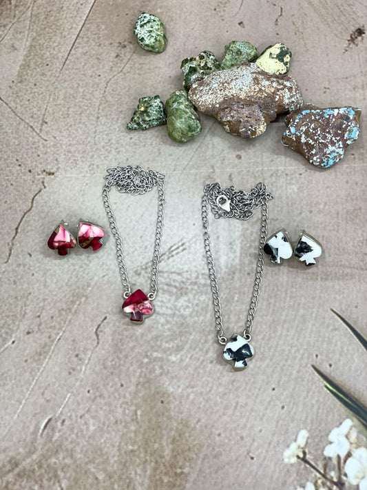 Handmade Sterling Silver Dahlia Rose, White Buffalo Turquoise Spade Necklace Earring Set with Signed Nizhoni