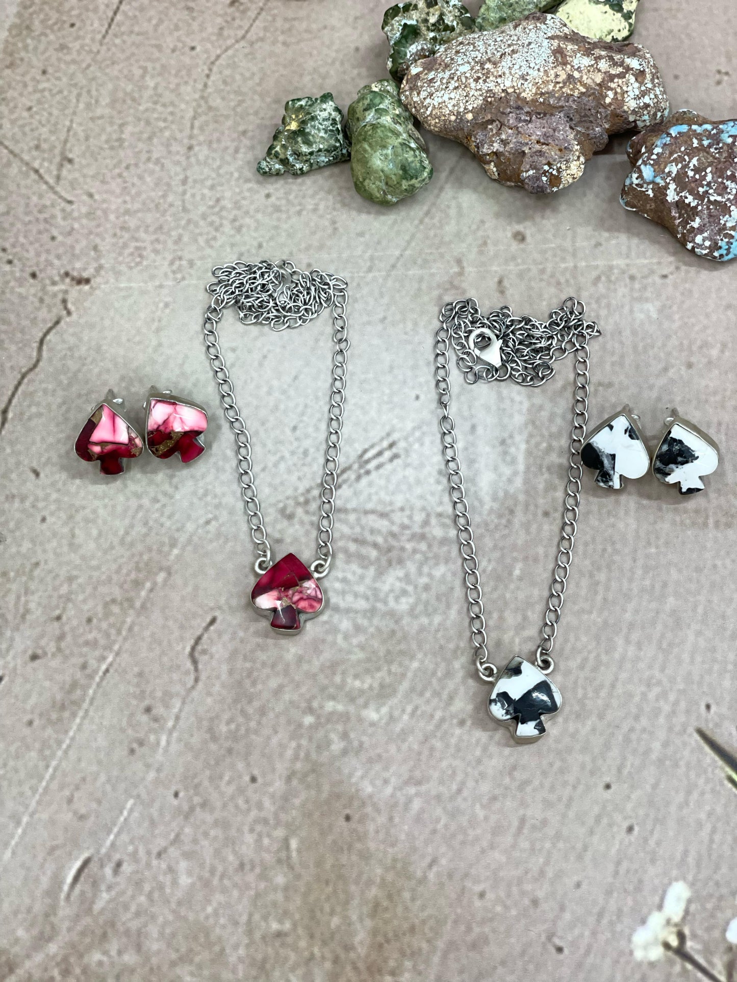 Handmade Sterling Silver Dahlia Rose, White Buffalo Turquoise Spade Necklace Earring Set with Signed Nizhoni