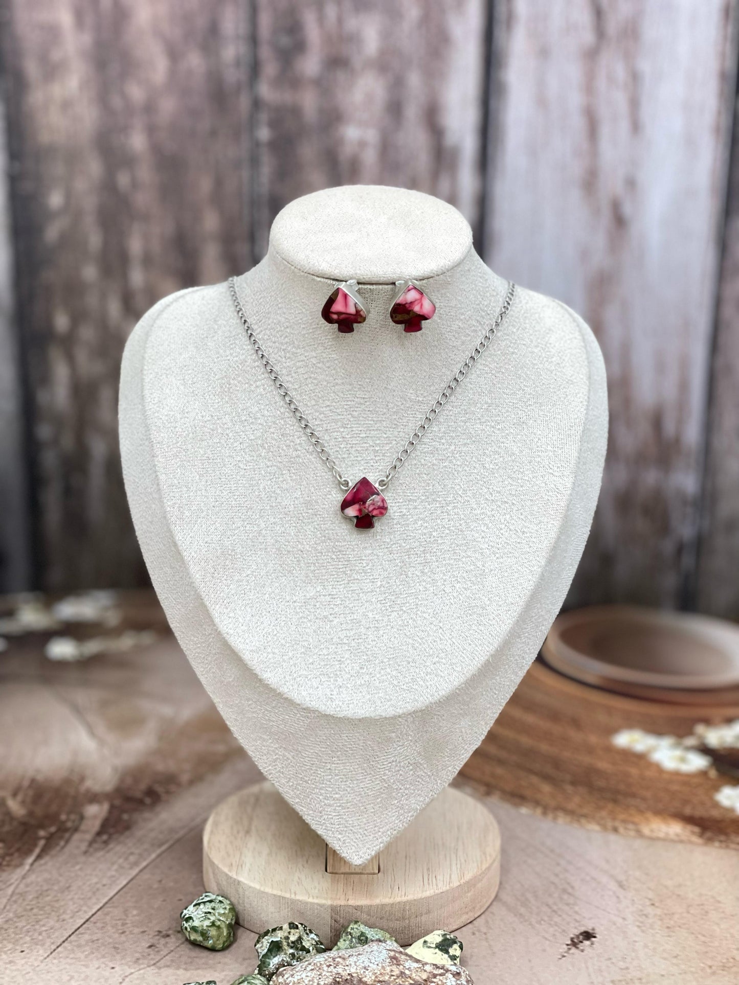 Handmade Sterling Silver Dahlia Rose, White Buffalo Turquoise Spade Necklace Earring Set with Signed Nizhoni
