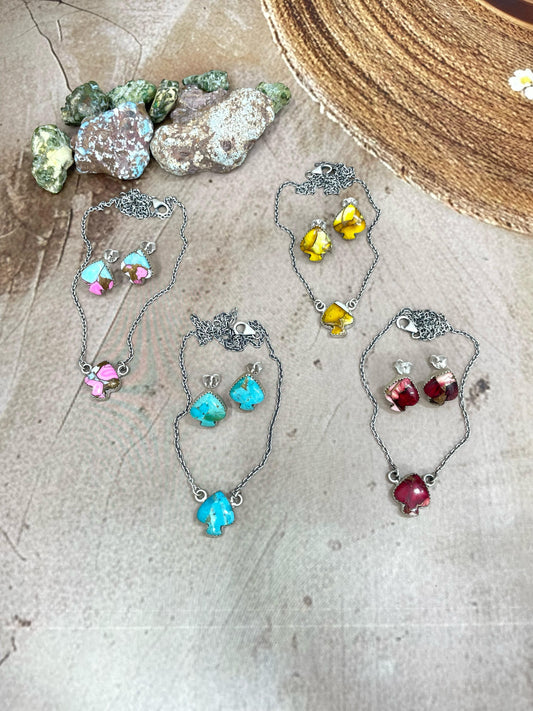 Handmade Sterling Silver Multi Stone Spade Necklace Earring Set with Signed Nizhoni