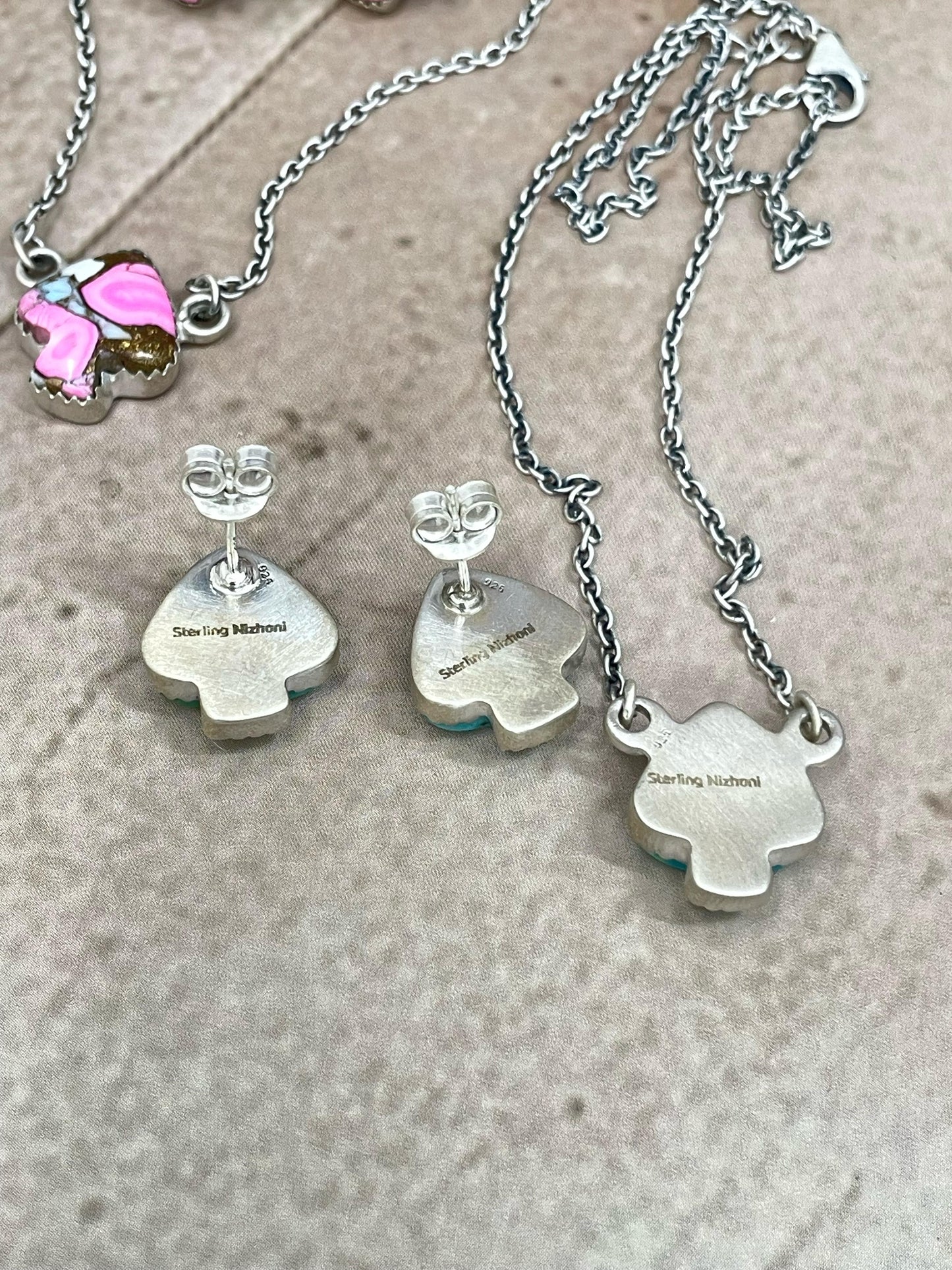 Handmade Sterling Silver Multi Stone Spade Necklace Earring Set with Signed Nizhoni
