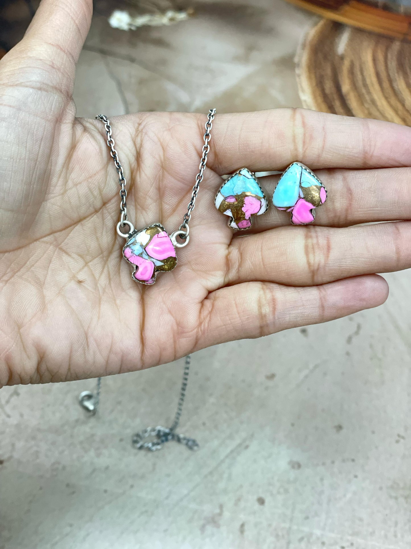 Handmade Sterling Silver Multi Stone Spade Necklace Earring Set with Signed Nizhoni