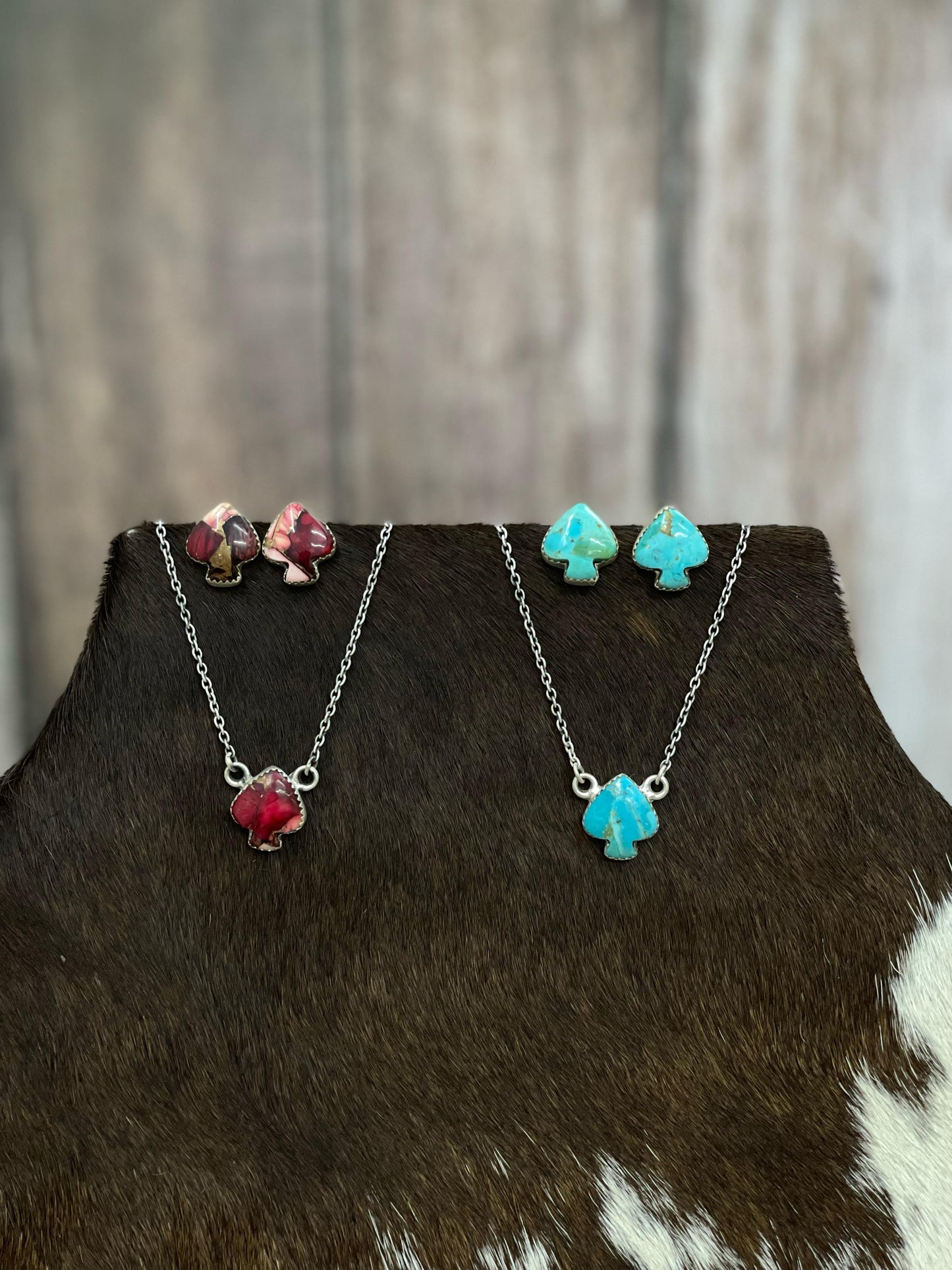 Handmade Sterling Silver Multi Stone Spade Necklace Earring Set with Signed Nizhoni