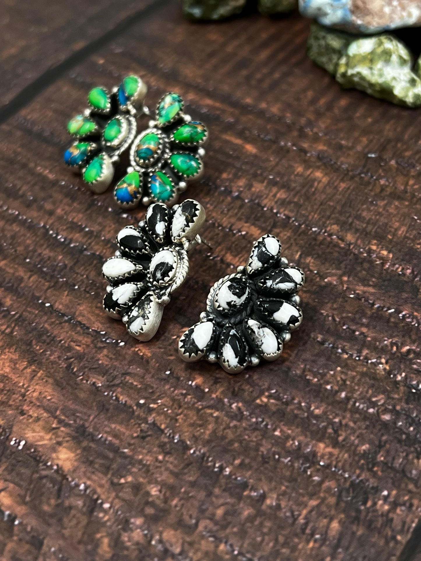 Handmade Sterling Silver Peacock Dahlia or White Buffalo Earrings with Signed Nizhoni