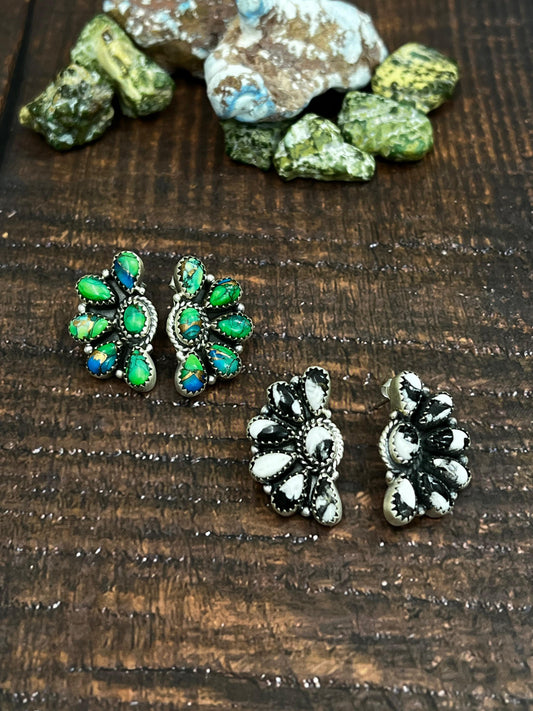 Handmade Sterling Silver Peacock Dahlia or White Buffalo Earrings with Signed Nizhoni