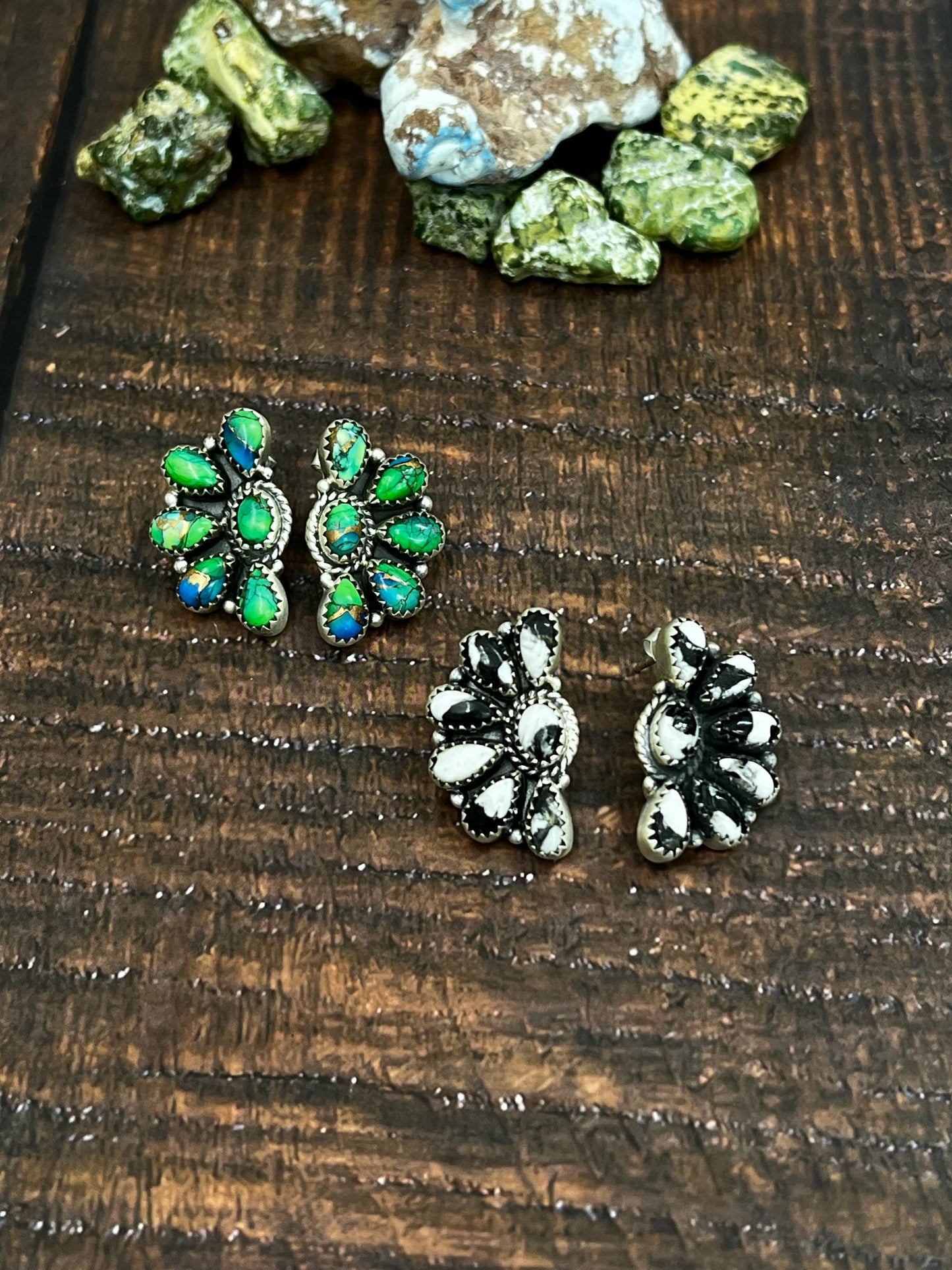 Handmade Sterling Silver Peacock Dahlia or White Buffalo Earrings with Signed Nizhoni