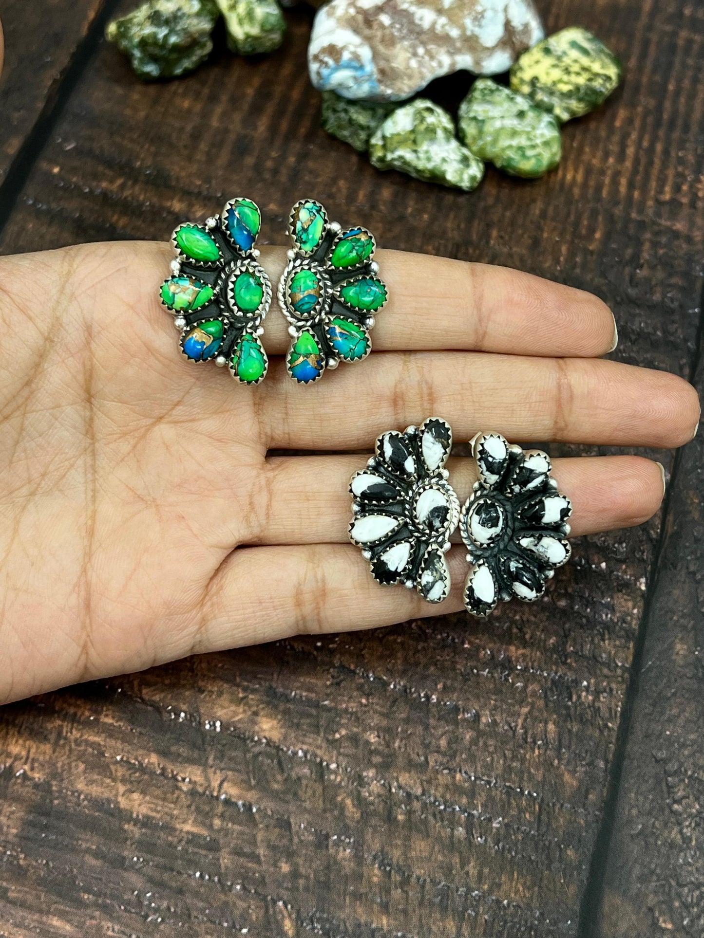 Handmade Sterling Silver Peacock Dahlia or White Buffalo Earrings with Signed Nizhoni