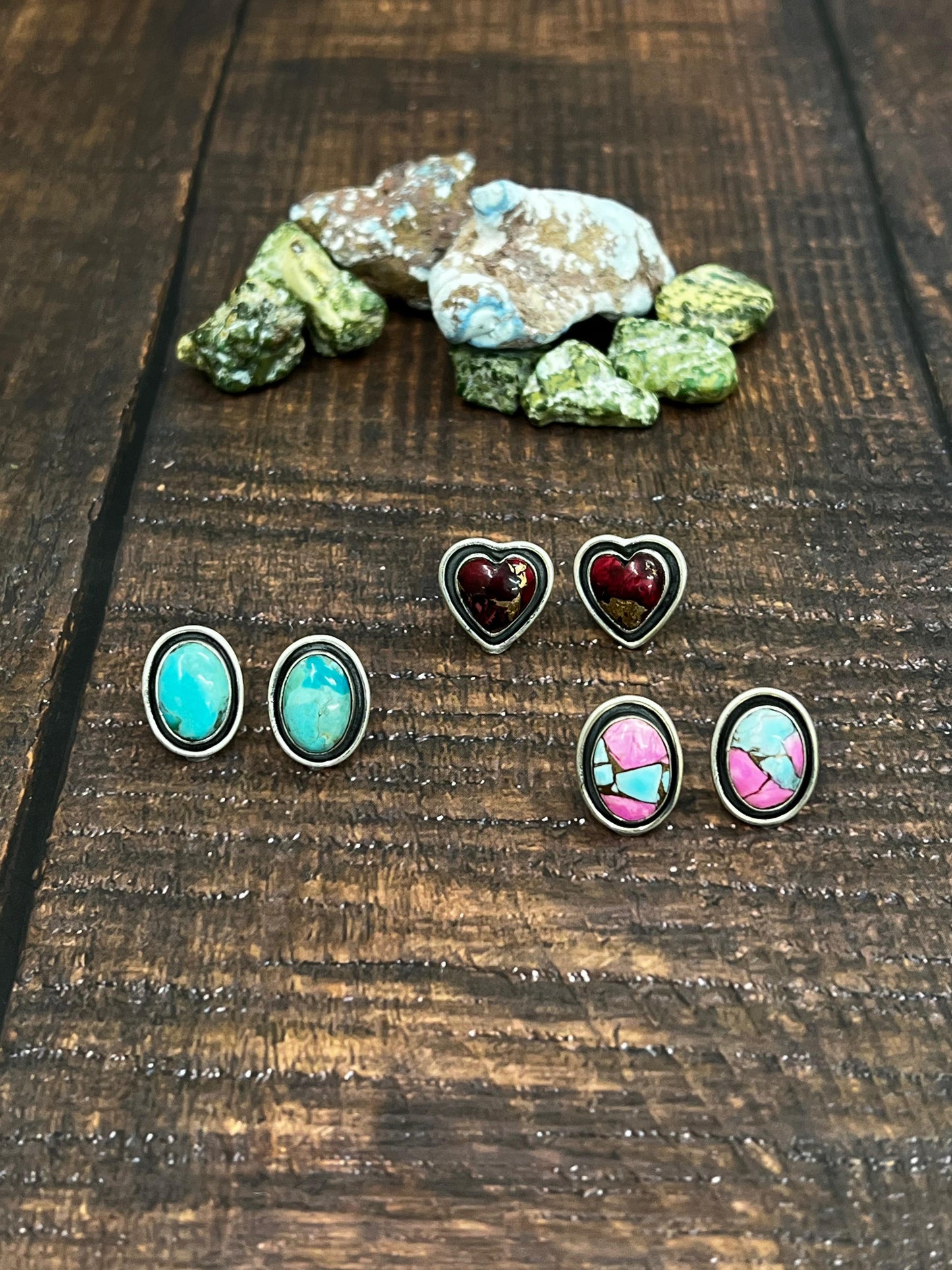 Handmade Sterling Silver Dahlia Rose, Cotton Candy, Kingman Turquoise Post Earrings with Signed Nizhoni