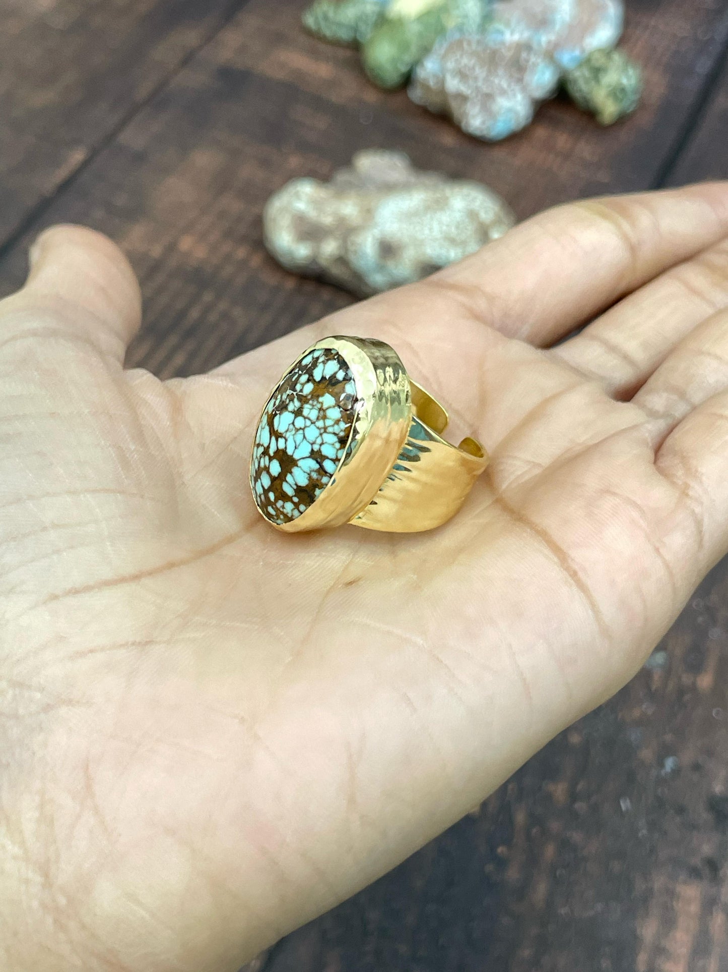 “The Golden Collection” Sand Creation Handmade Number 8 Turquoise Adjustable Oval Ring