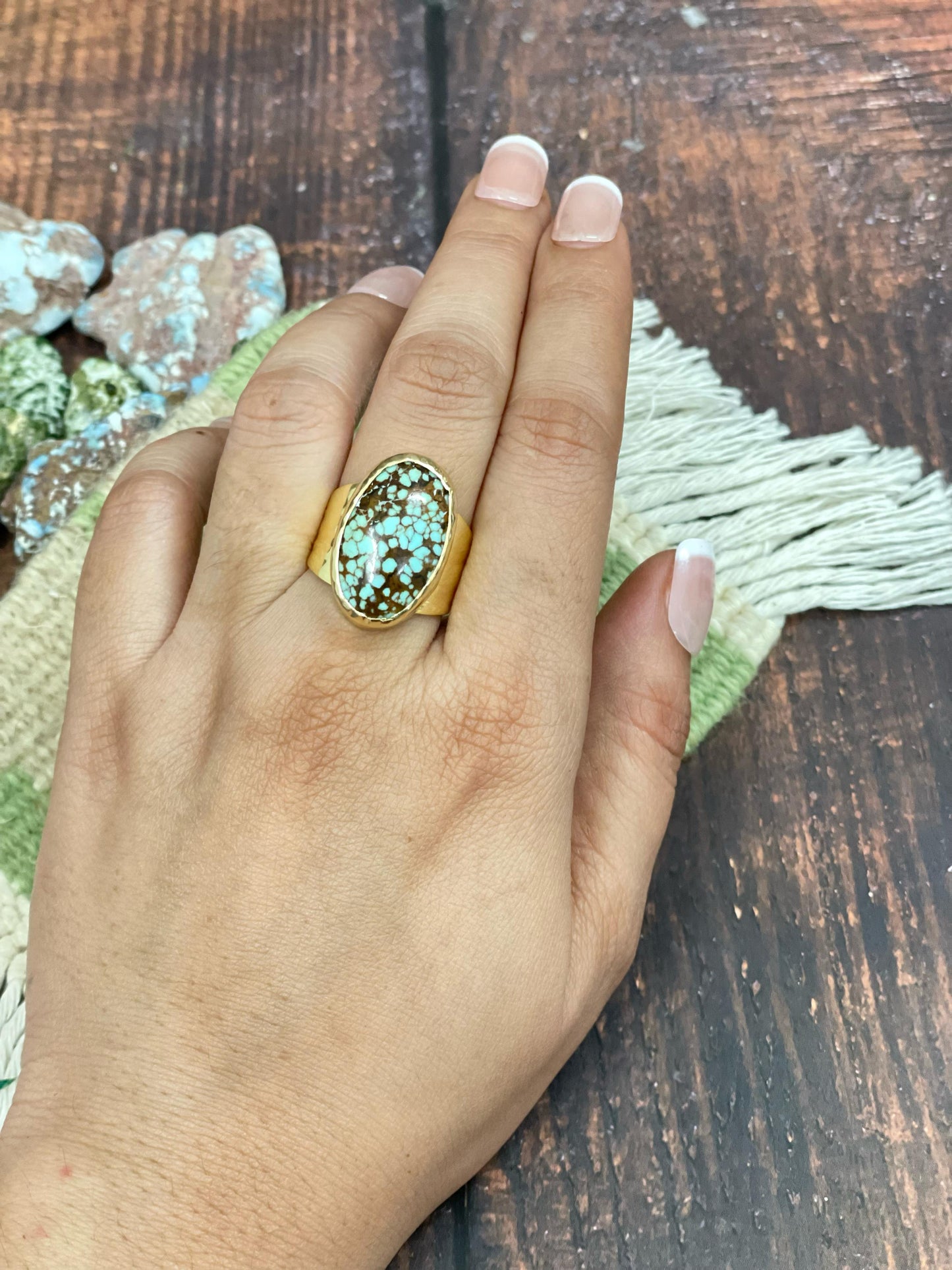 “The Golden Collection” Sand Creation Handmade Number 8 Turquoise Adjustable Oval Ring