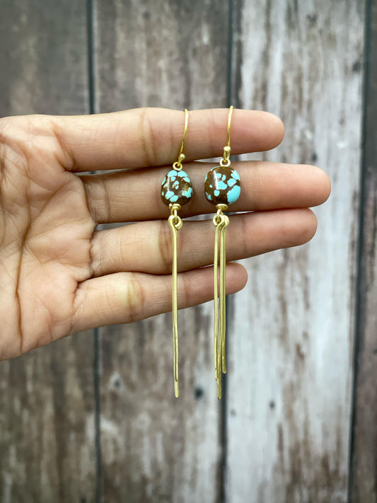 “The Golden Collection” Handmade Natural Gold Plated Sonoran Mountain, Number 8 Turquoise Dangle Fringe Earrings