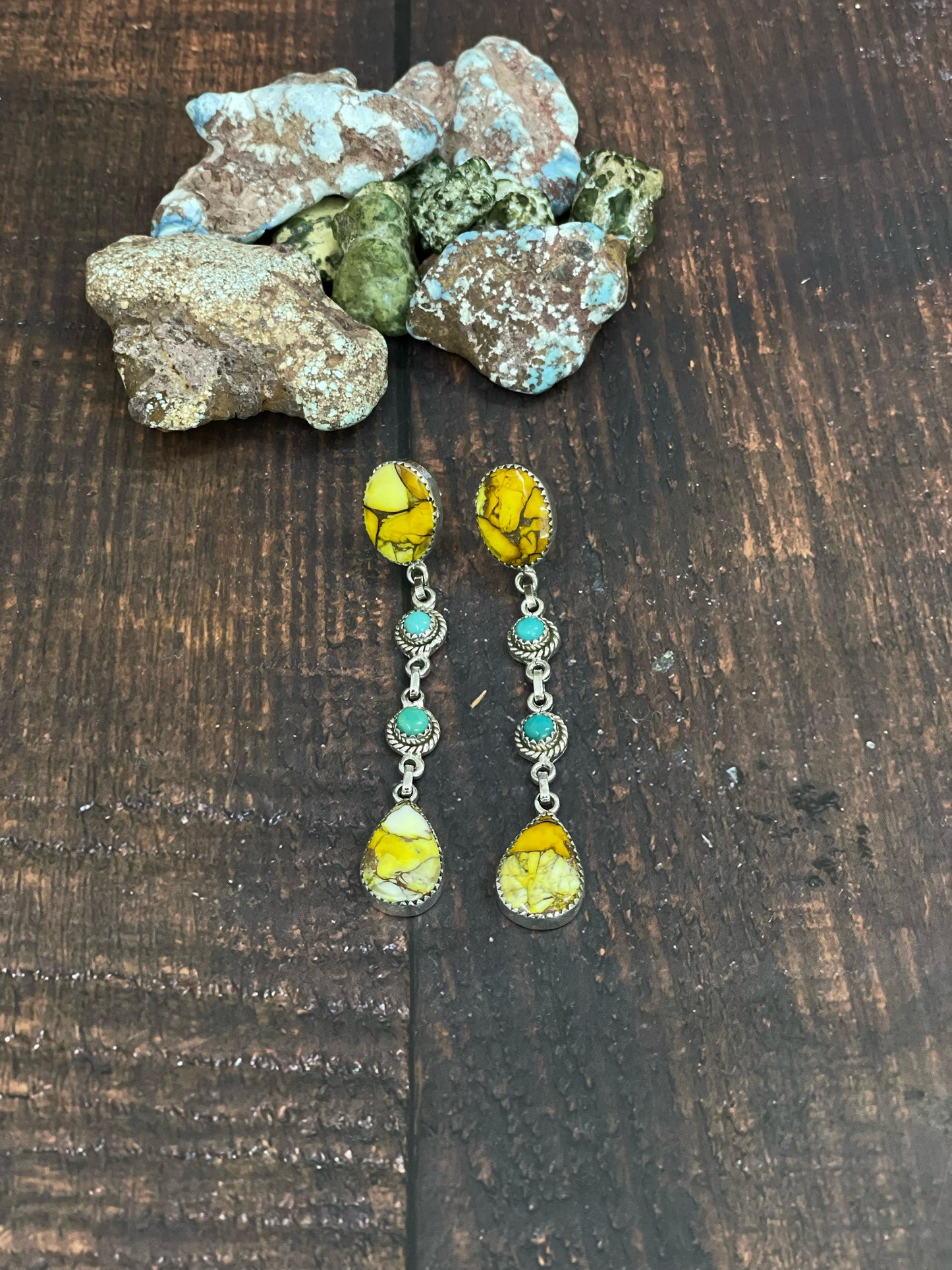 Handmade Sterling Silver Honey Dahlia with Turquoise Dangle Earrings, Signed Nizhoni