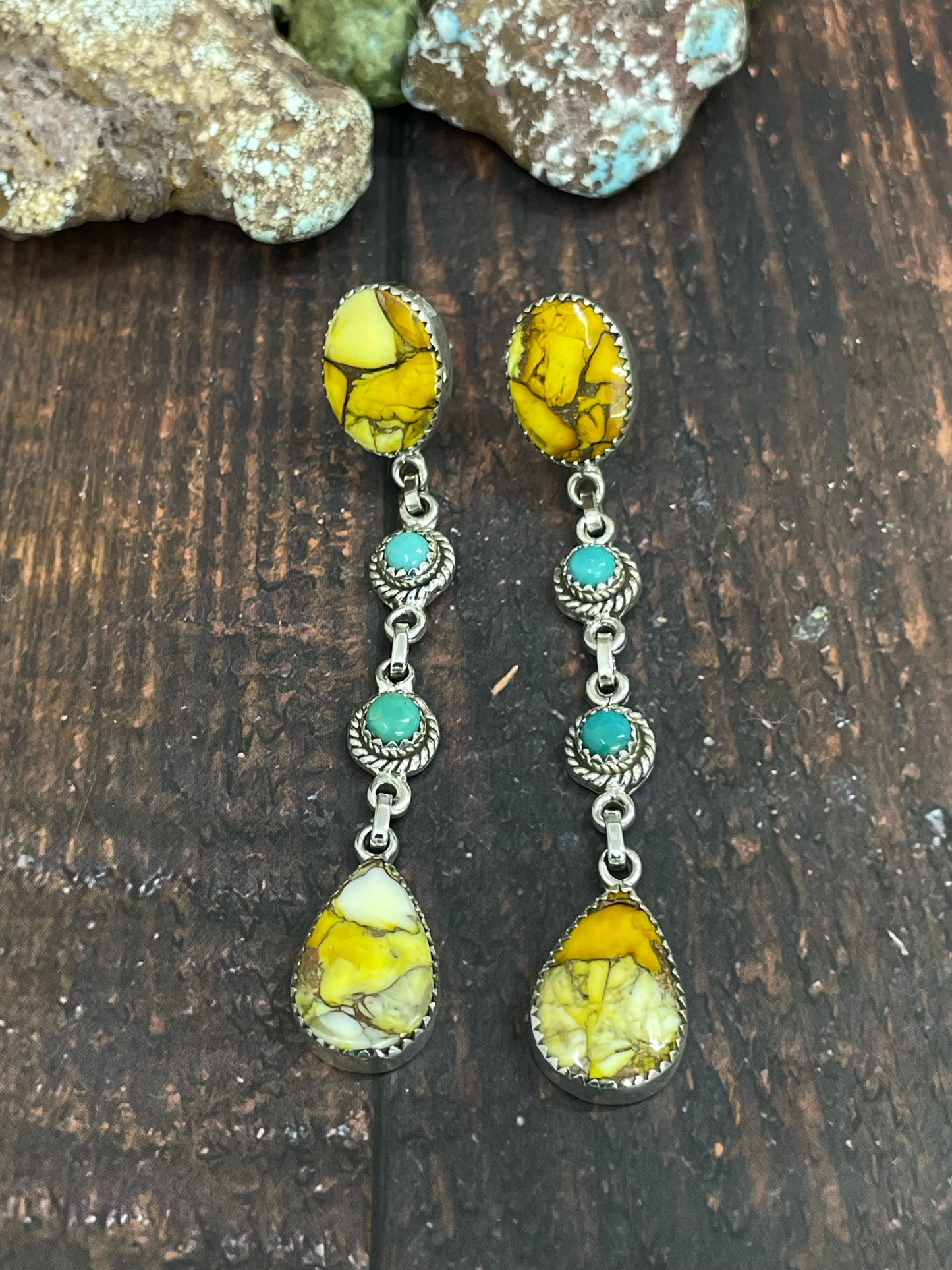 Handmade Sterling Silver Honey Dahlia with Turquoise Dangle Earrings, Signed Nizhoni