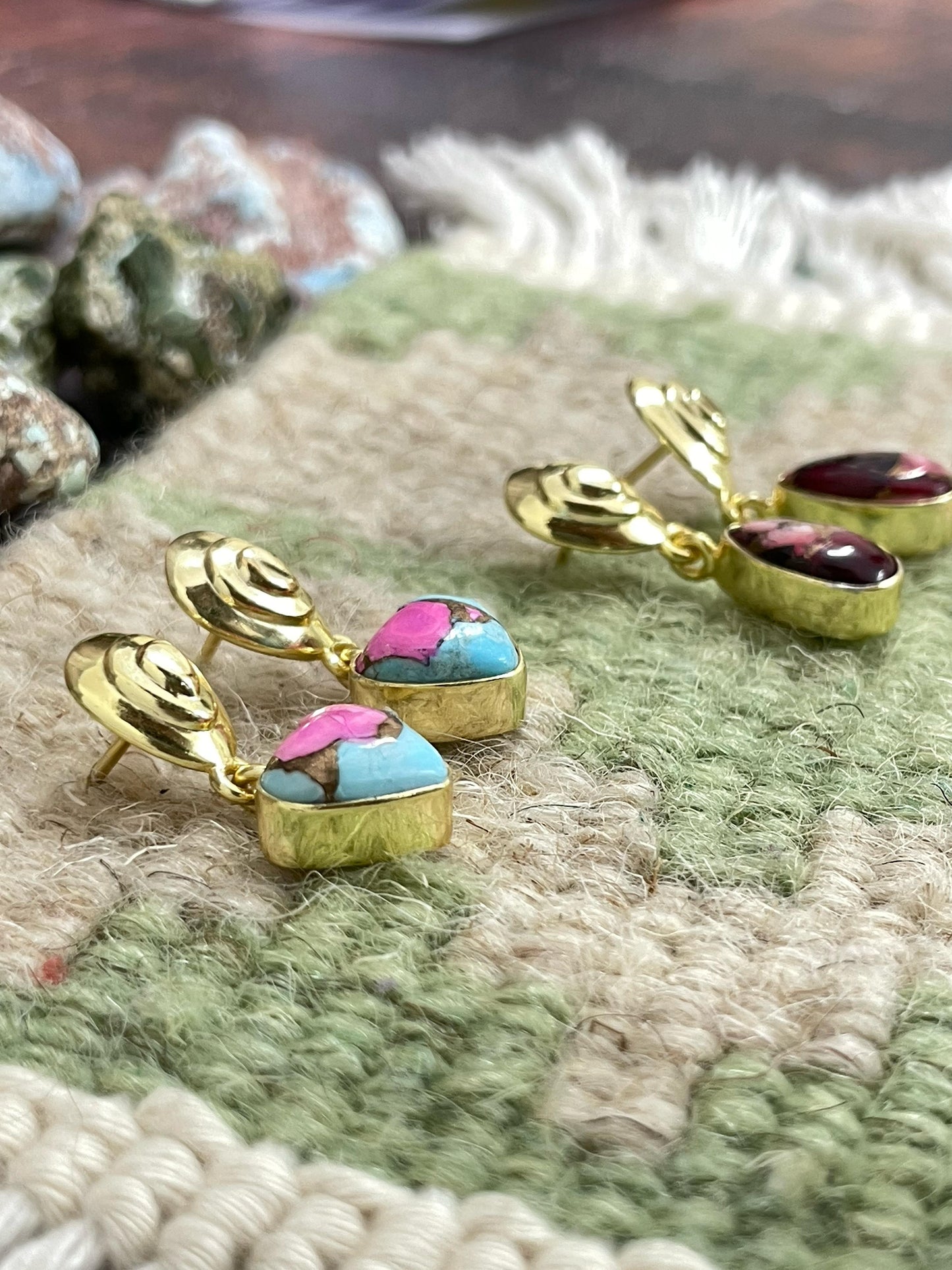“The Golden Collection” Handmade Natural Gold Plated Dahlia Rose, Cotton Candy Turquoise Dangle Earrings style 2