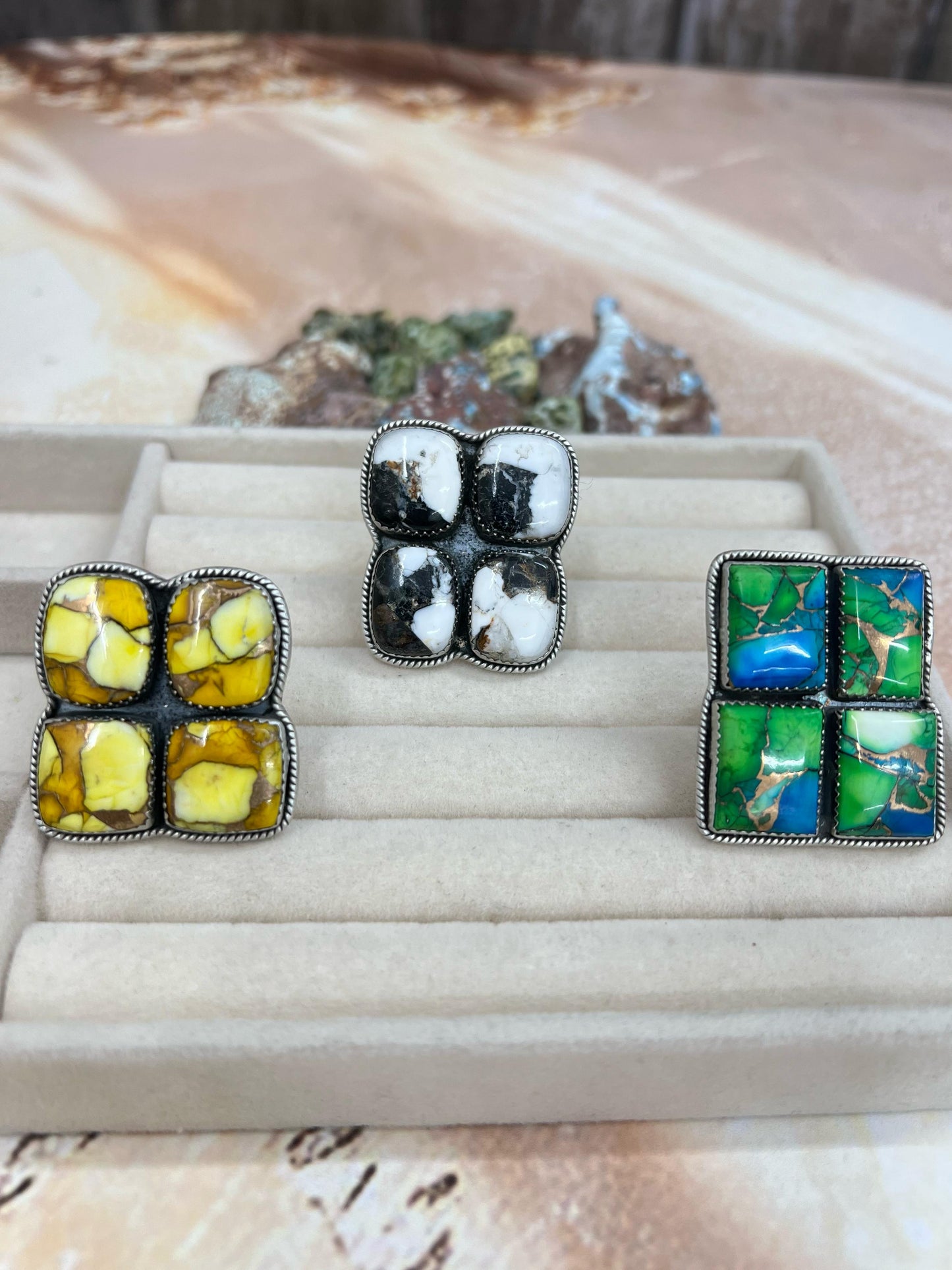 Handmade Sterling Silver Multi Stone Adjustable Rings with Signed Nizhoni (f9)