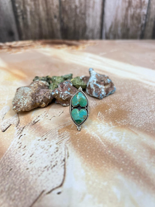Handmade Sterling Silver Kingman Turquoise Adjustable Ring with Signed Nizhoni (f7)