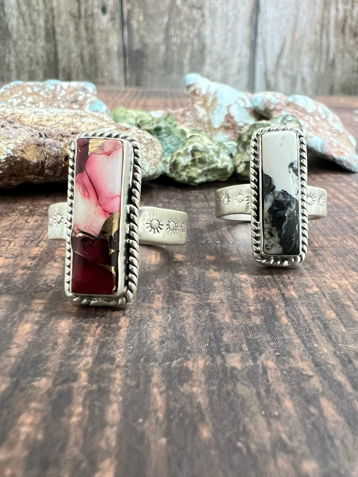 Handmade Sterling Silver Dahlia Rose, White Buffalo Turquoise Ring with Signed Nizhoni (f3)