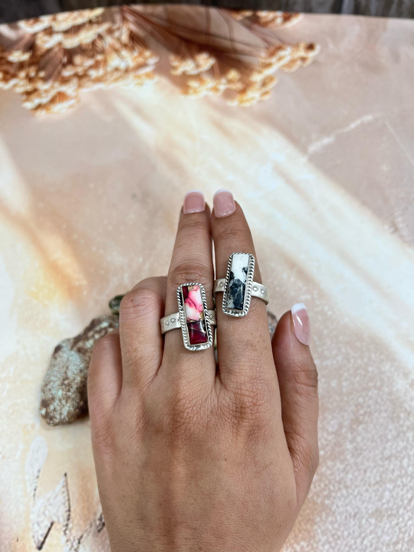 Handmade Sterling Silver Dahlia Rose, White Buffalo Turquoise Ring with Signed Nizhoni (f3)