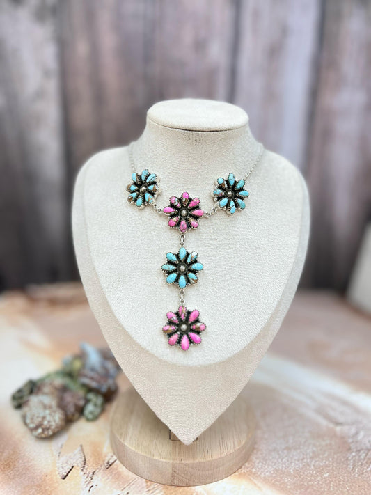 Handmade Sterling Silver Cotton Candy Turquoise Necklace with Signed Nizhoni
