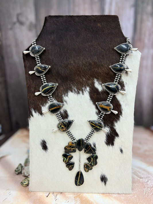 Handmade Sterling Silver Blackjack Turquoise Squash Blossom Necklace Signed Nizhoni