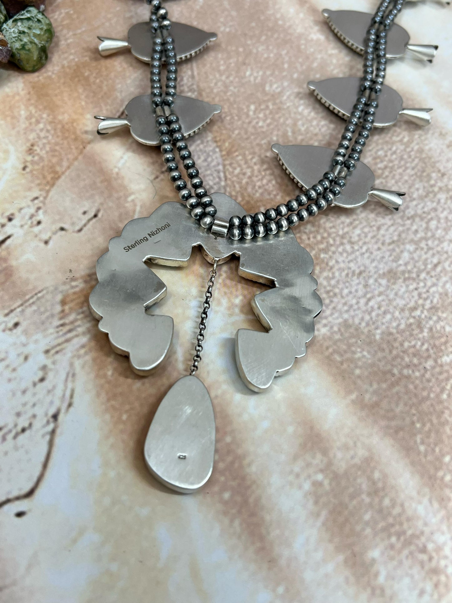 Handmade Sterling Silver Blackjack Turquoise Squash Blossom Necklace Signed Nizhoni