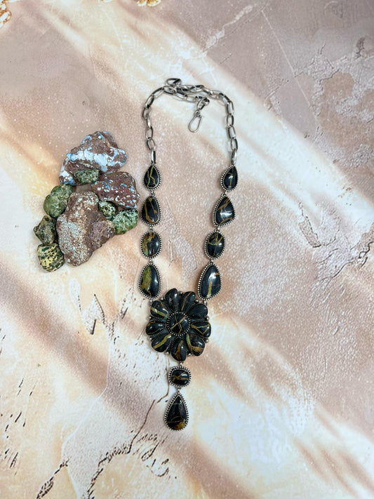 Handmade Sterling Silver Blackjack Turquoise Necklace Signed Nizhoni