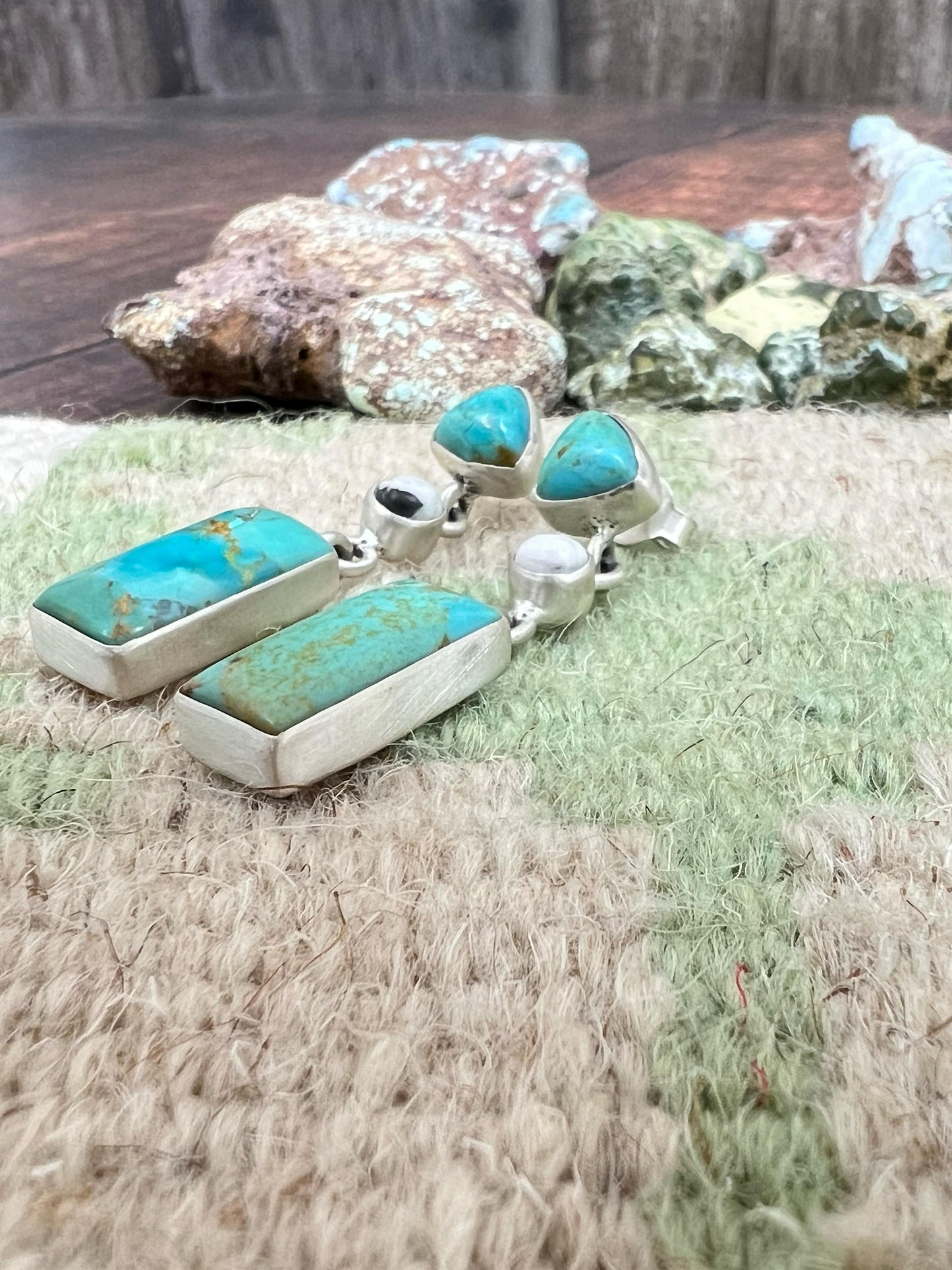 Handmade Sterling Silver Kingman with White Buffalo Turquoise Dangle Earrings with Signed Nizhoni (f2)