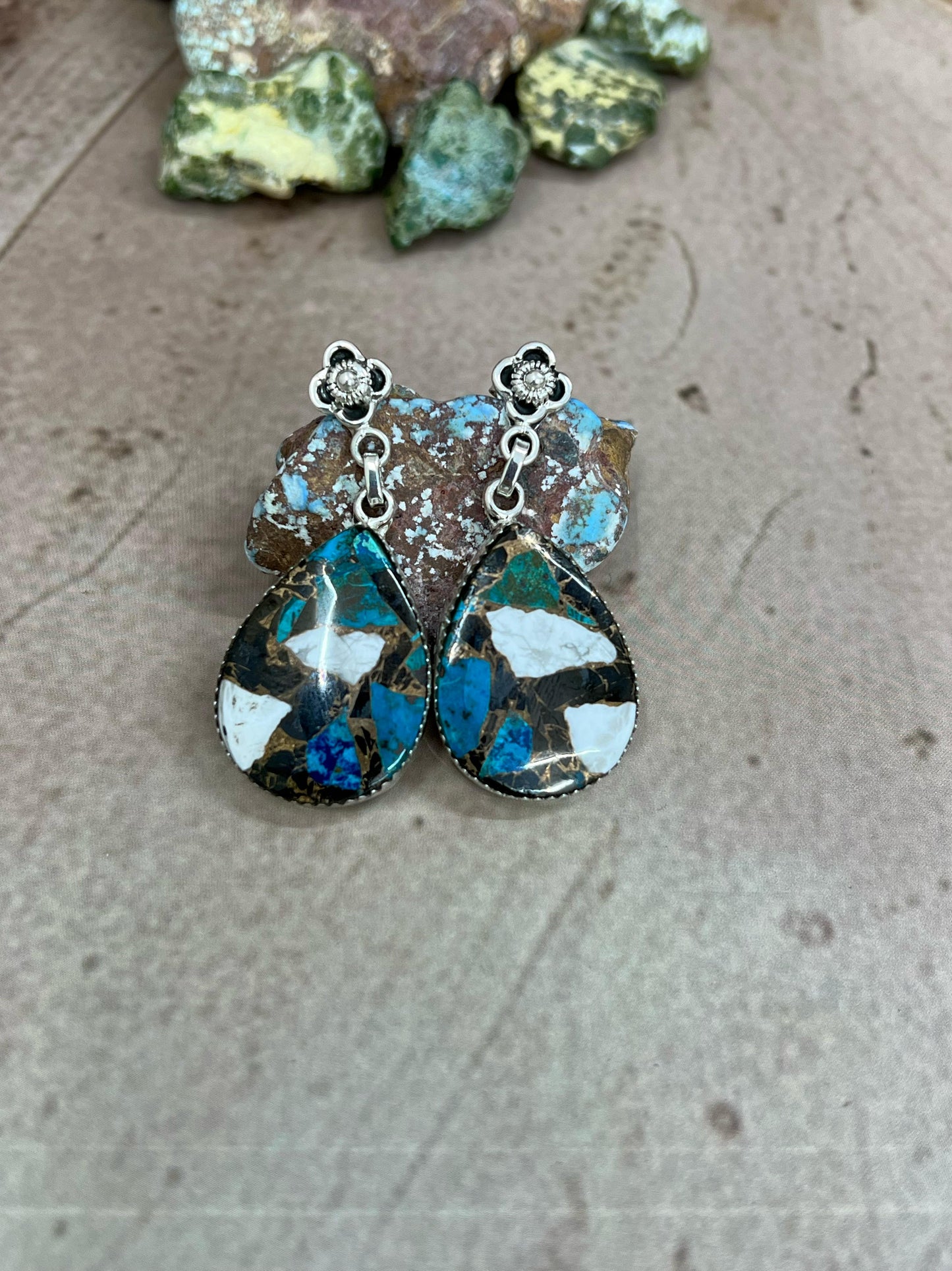Handmade Sterling Silver Chrysocolla White Buffalo Turquoise Dangles Earrings with Signed Nizhoni
