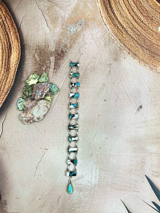 Handmade Sterling Silver Kingman with Chrysocolla White Buffalo Turquoise Necklace with Signed Nizhoni