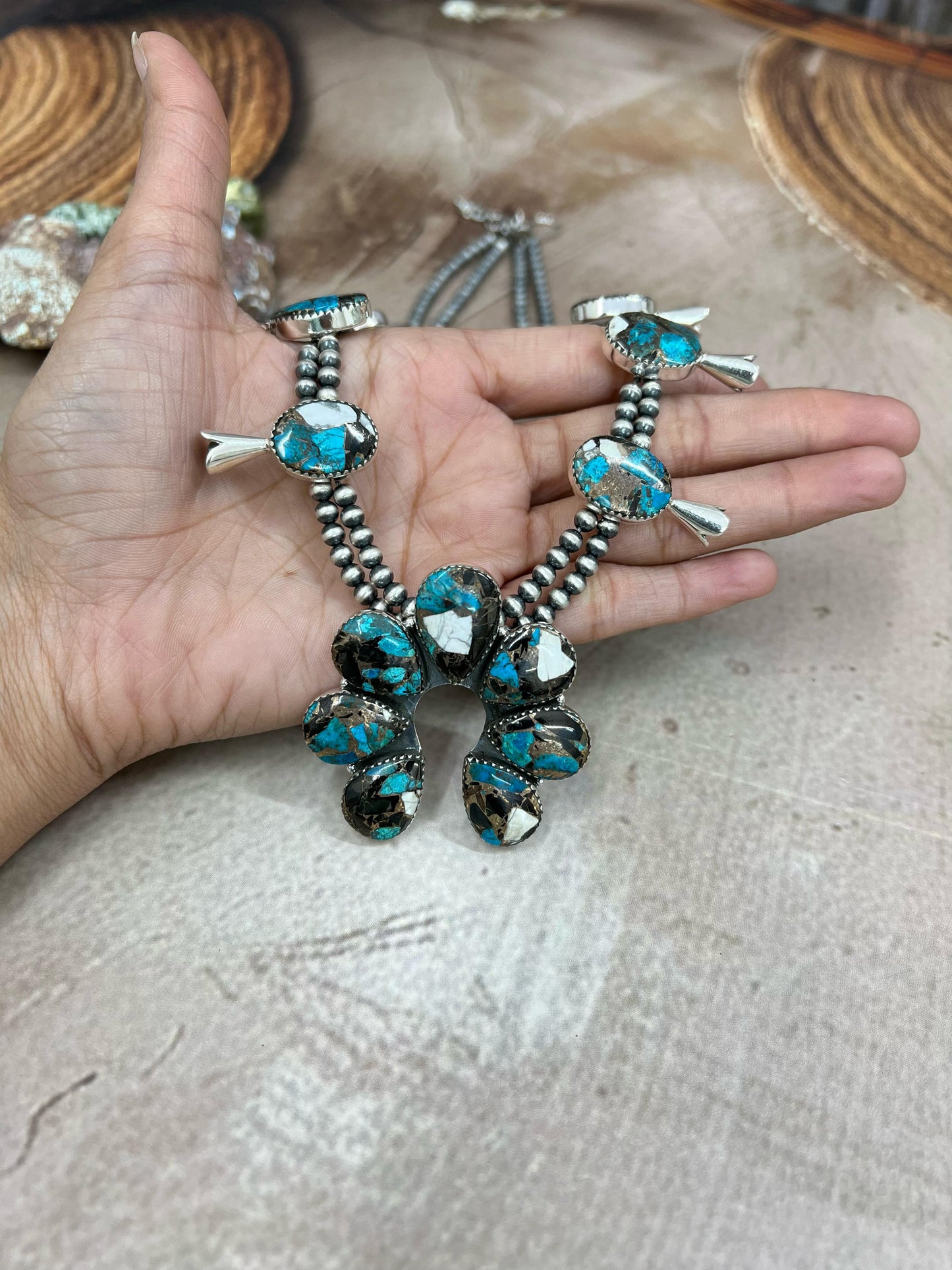 Handmade Sterling Silver Chrysocolla White Buffalo Turquoise Necklace with Signed Nizhoni