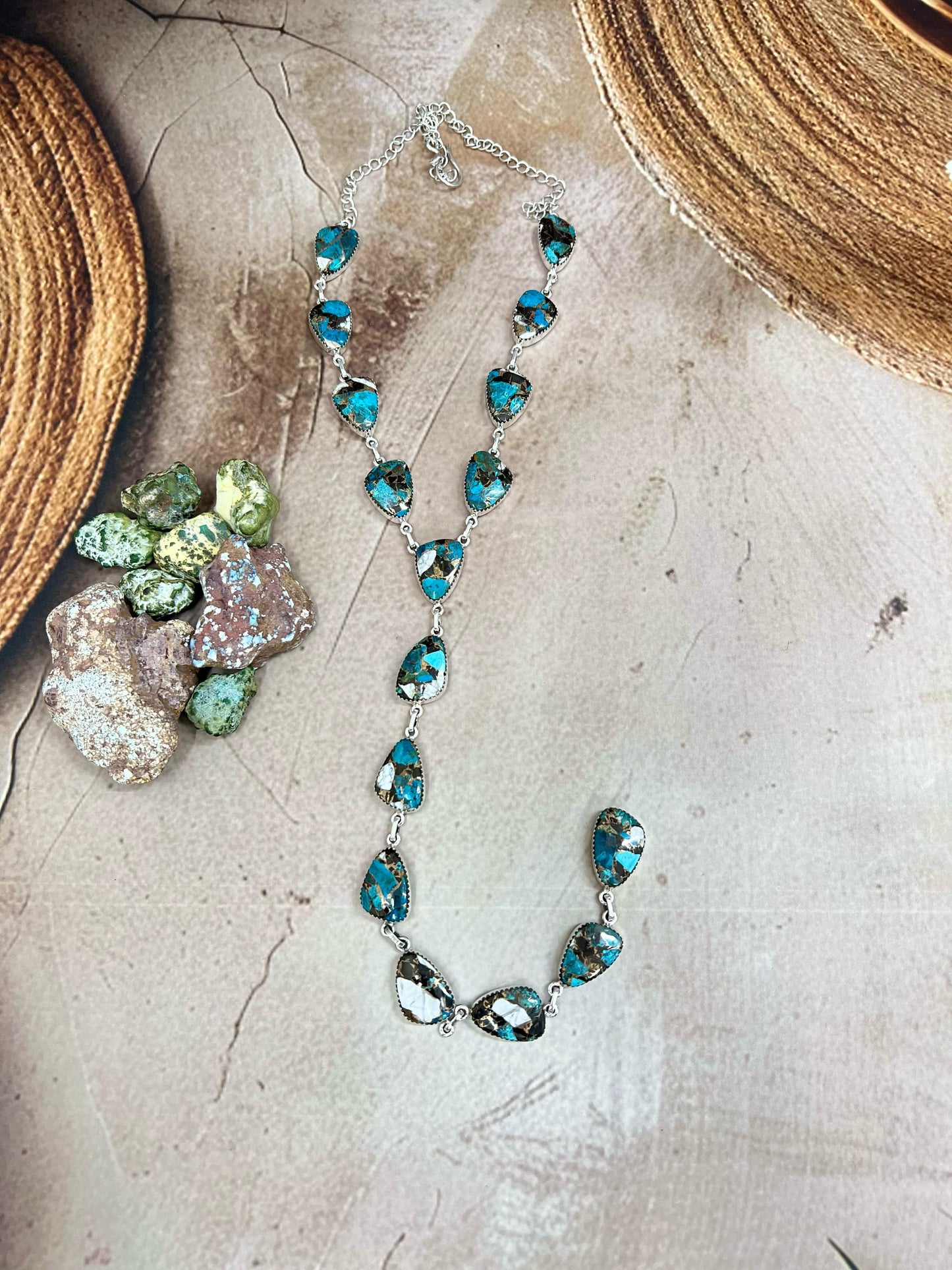 Handmade Sterling Silver Chrysocolla White Buffalo Turquoise Necklace with Signed Nizhoni