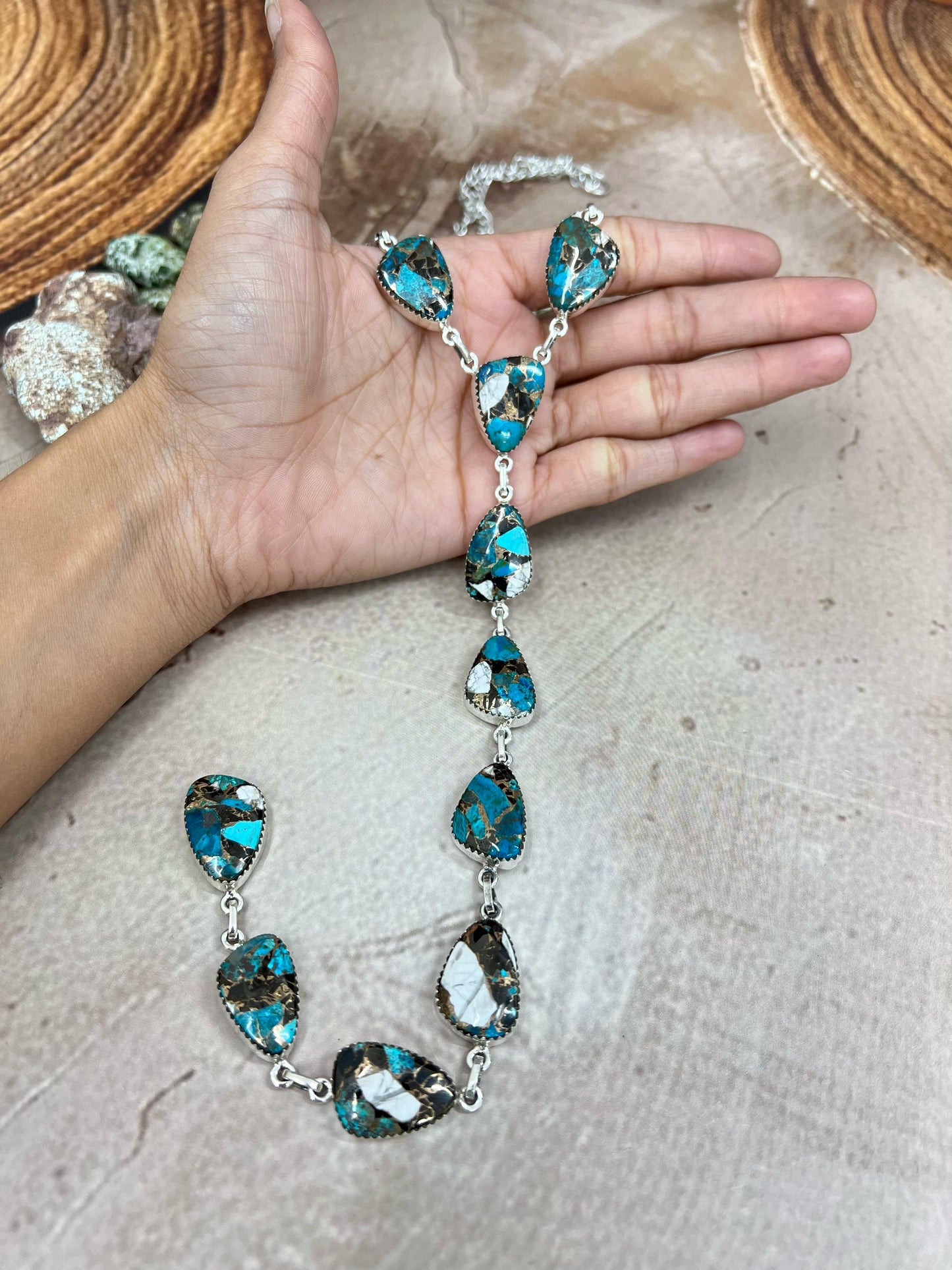 Handmade Sterling Silver Chrysocolla White Buffalo Turquoise Necklace with Signed Nizhoni