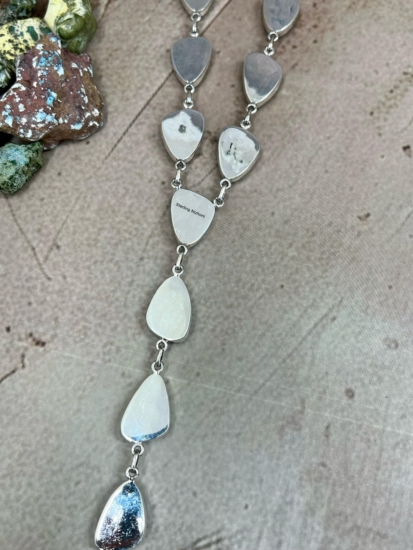 Handmade Sterling Silver Chrysocolla White Buffalo Turquoise Necklace with Signed Nizhoni