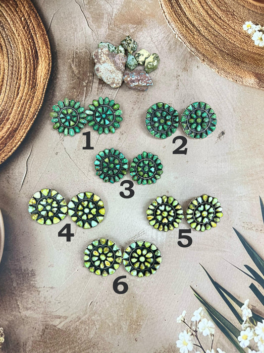 Handmade Sterling Silver Palomino, Sonoran Mountain Turquoise Post Earrings with Signed Nizhoni
