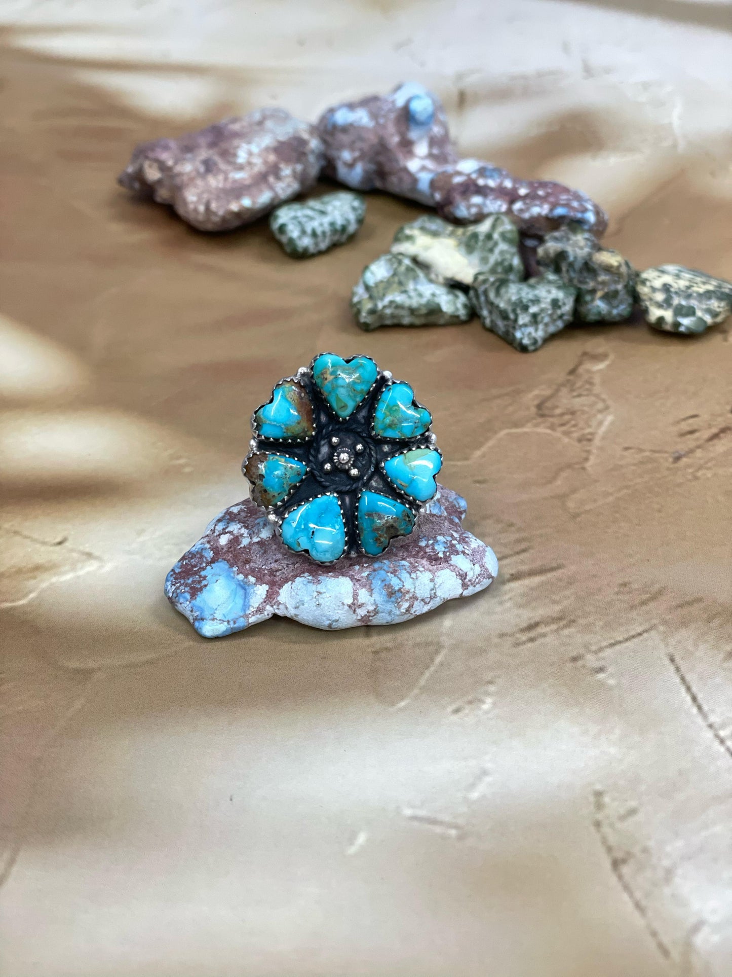 Handmade Sterling Silver South Hill Turquoise Adjustable Ring with Signed Nizhoni