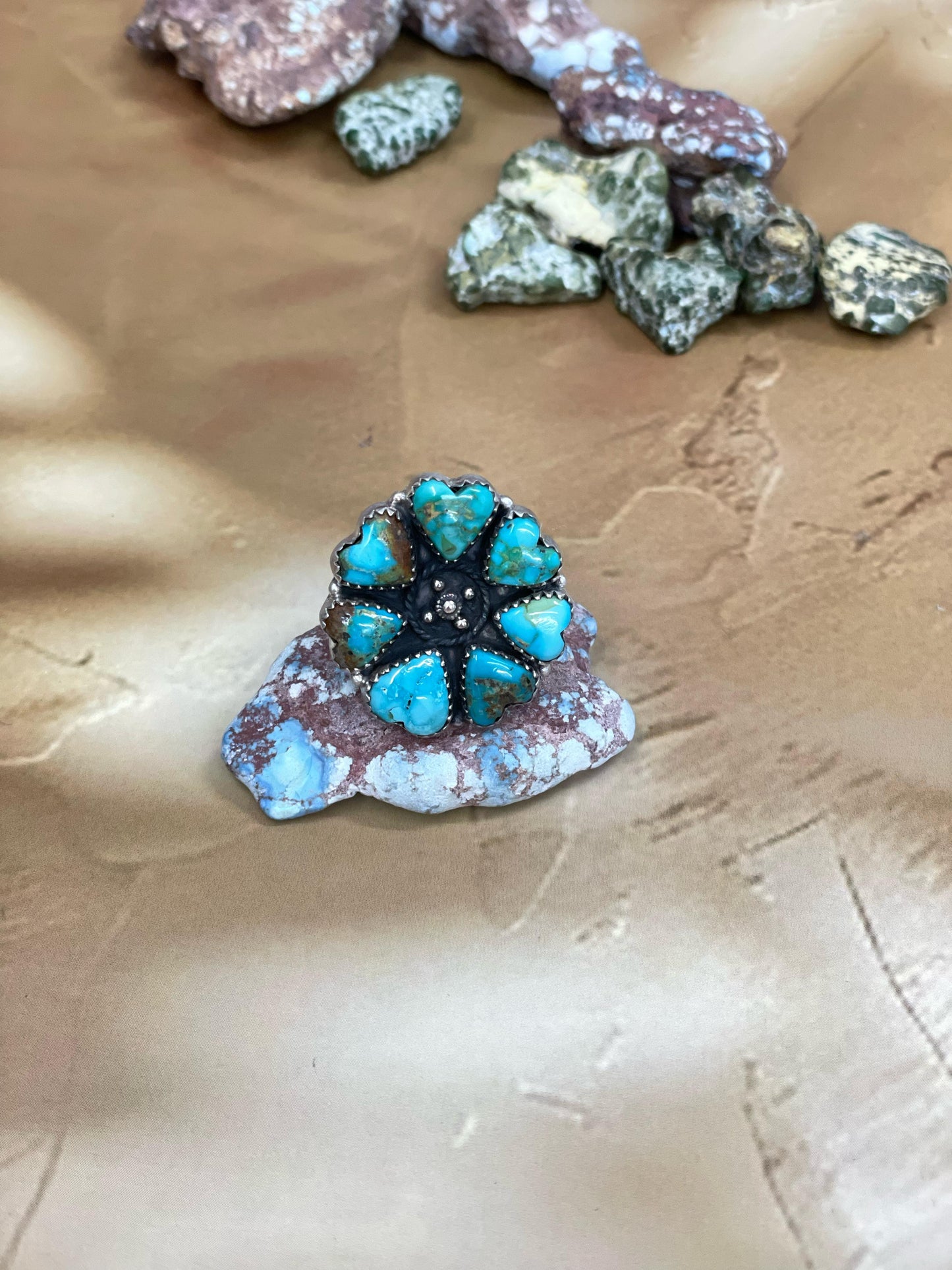 Handmade Sterling Silver South Hill Turquoise Adjustable Ring with Signed Nizhoni