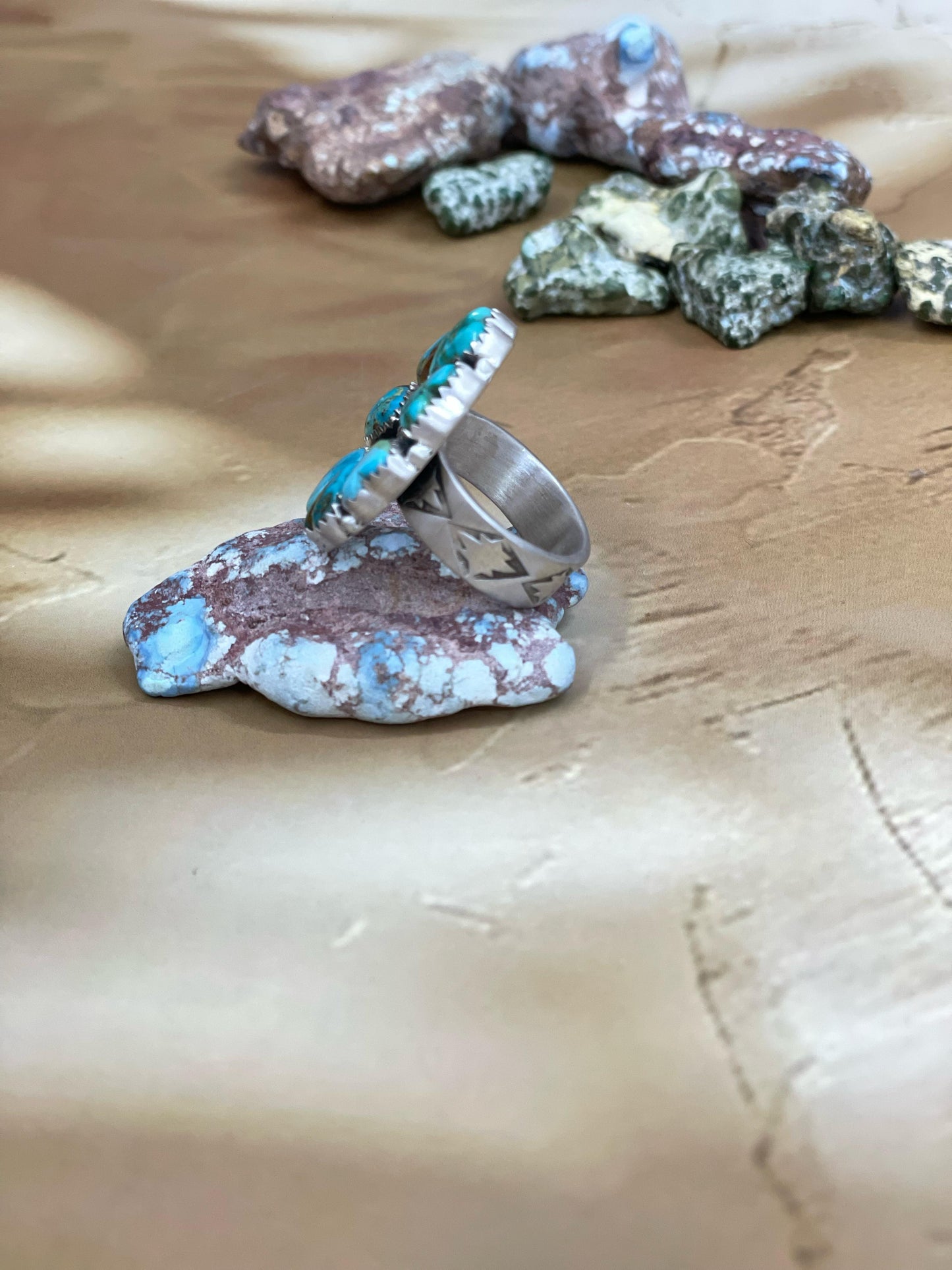 Handmade Sterling Silver South Hill Turquoise Adjustable Ring with Signed Nizhoni
