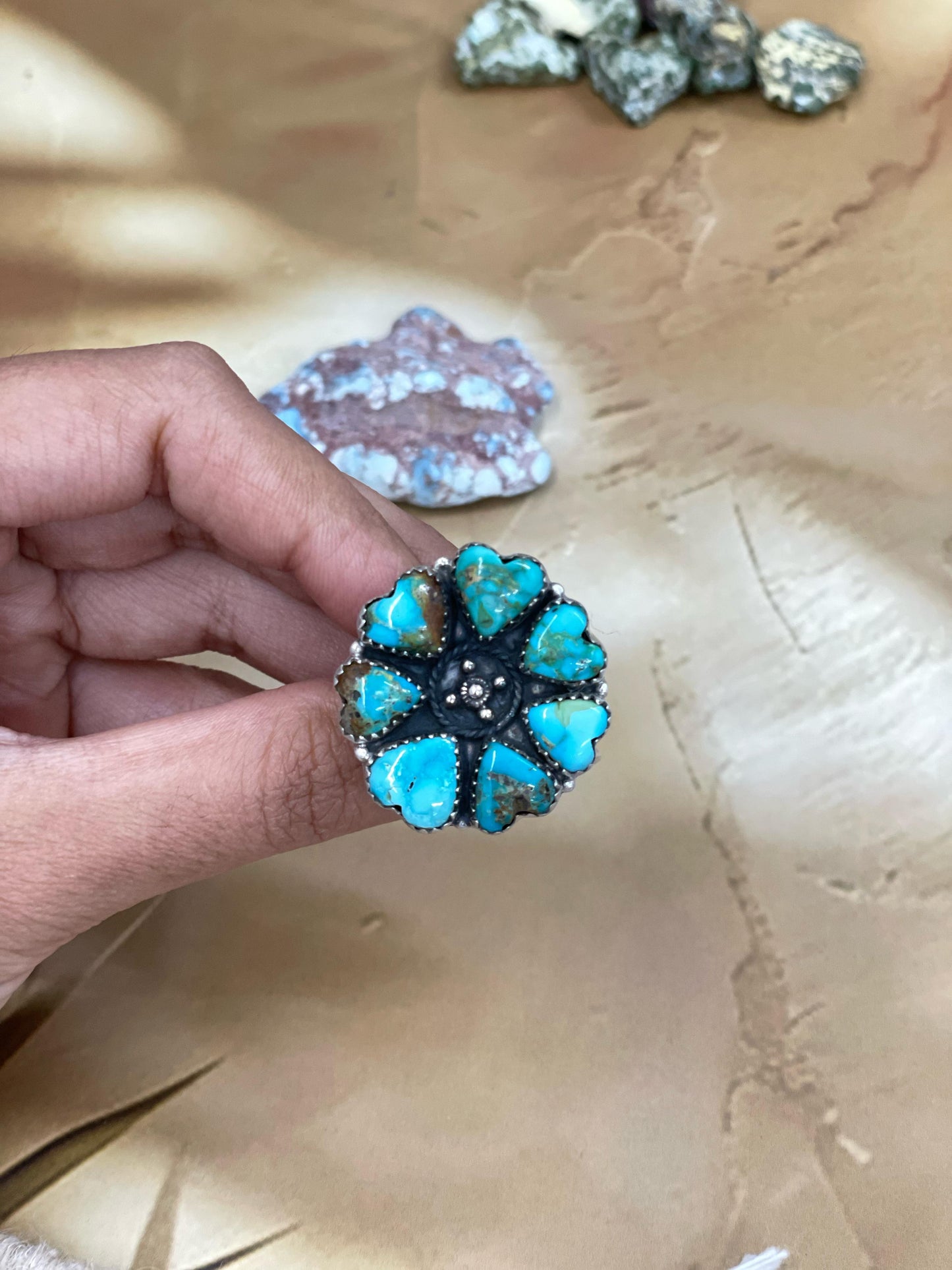 Handmade Sterling Silver South Hill Turquoise Adjustable Ring with Signed Nizhoni