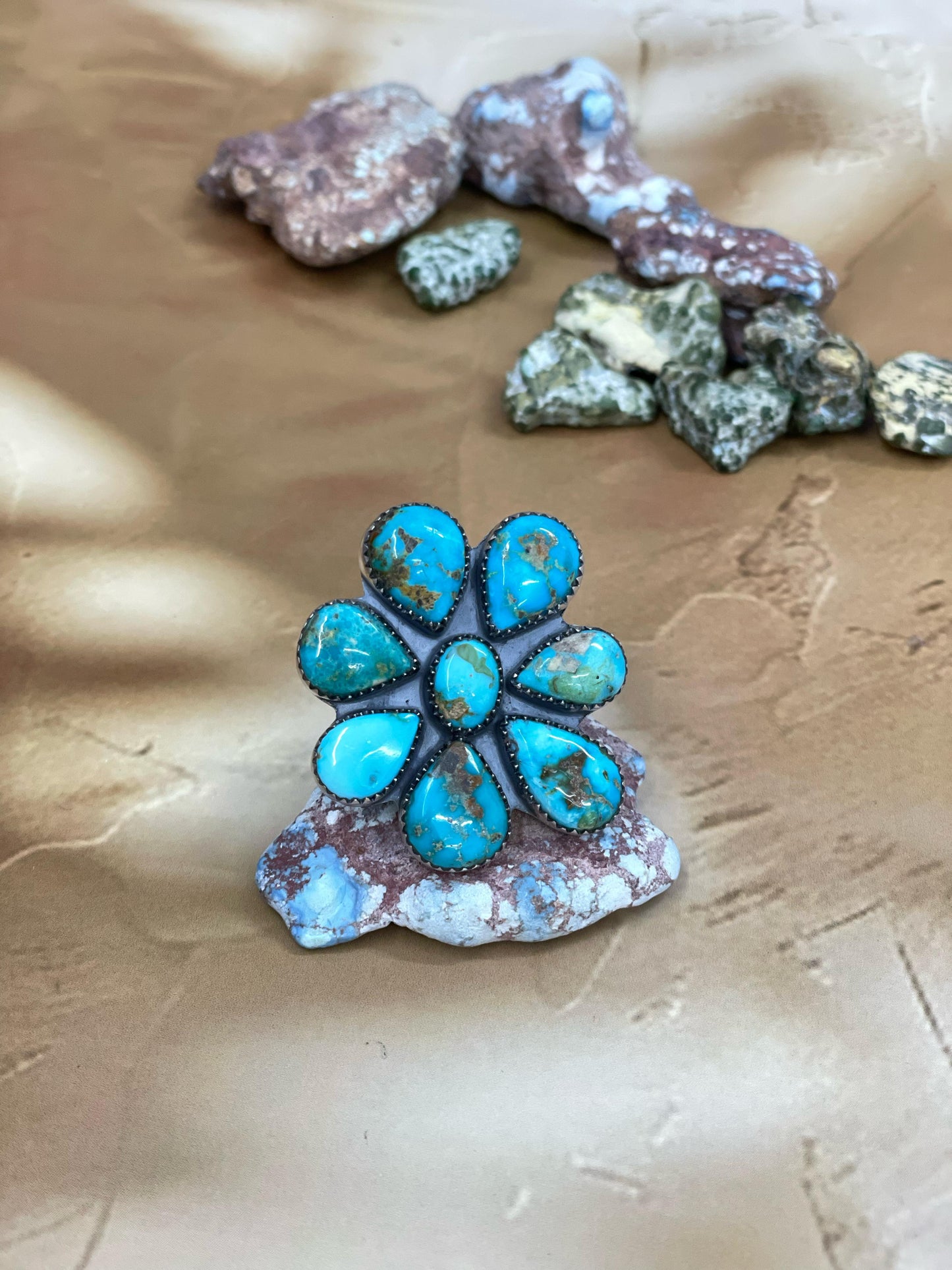 Handmade Sterling Silver South Hill Turquoise Adjustable Ring with Signed Nizhoni