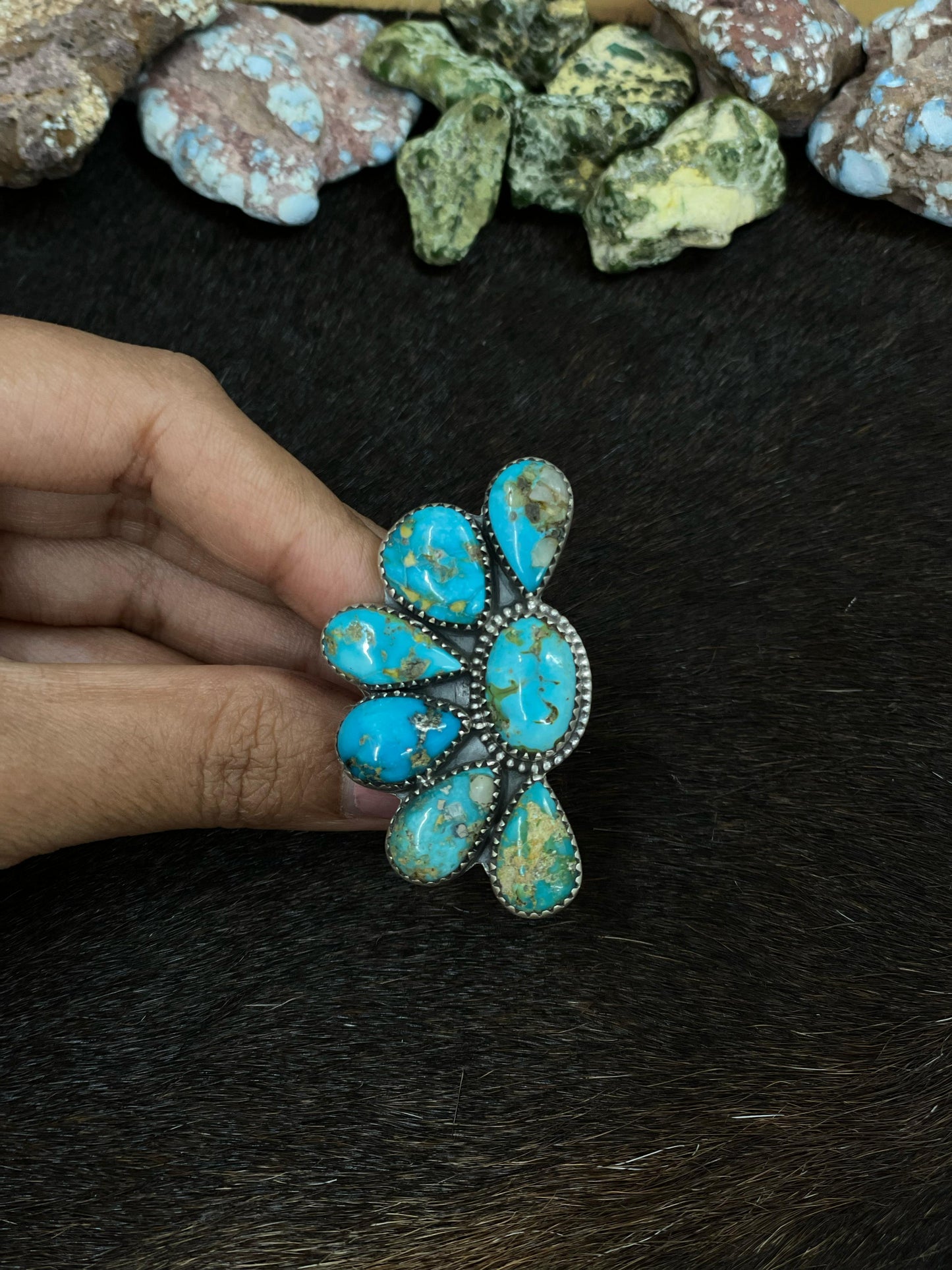 Handmade Sterling Silver South Hill Turquoise Adjustable Ring with Signed Nizhoni