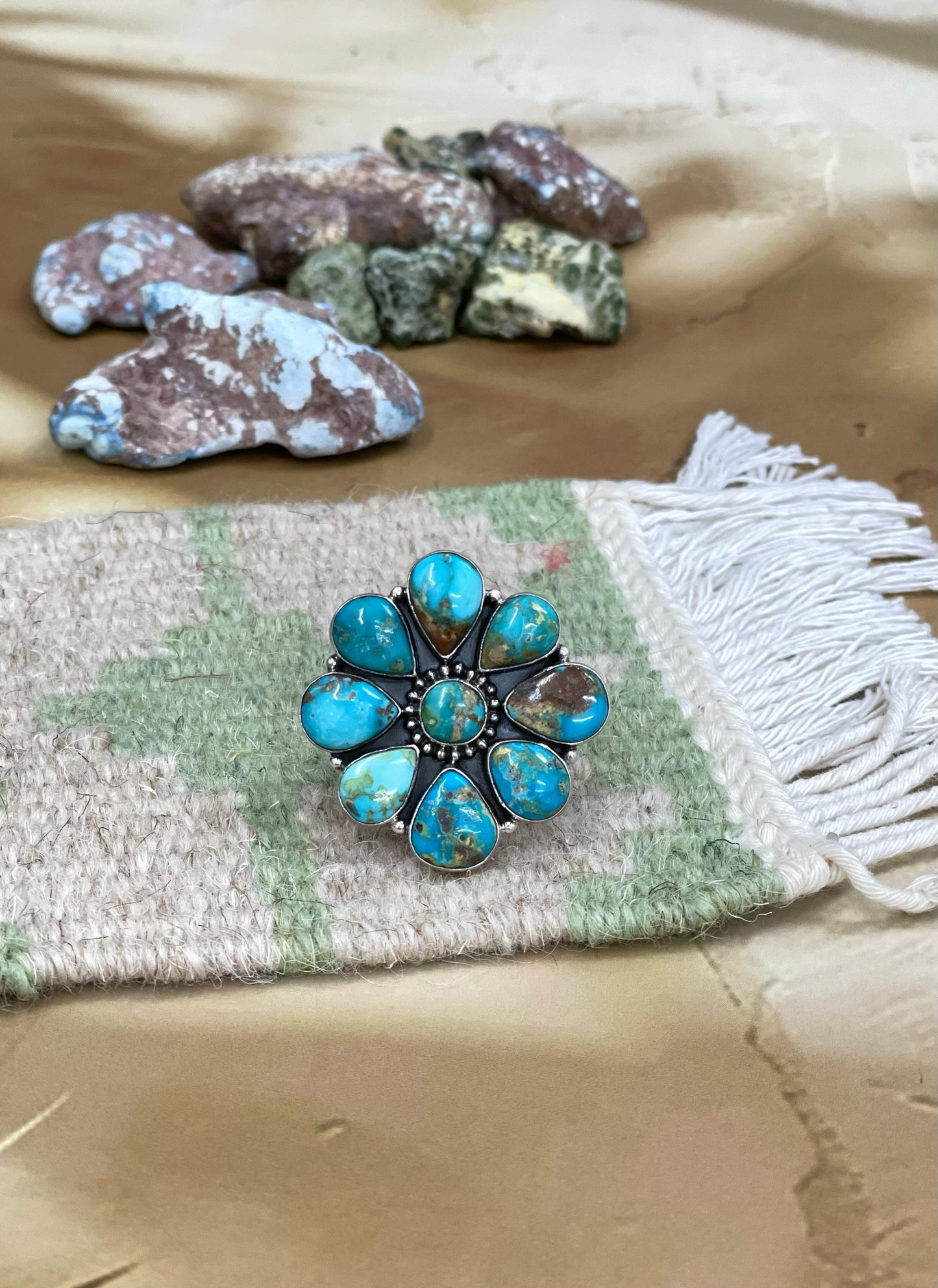 Handmade Sterling Silver South Hill Turquoise Adjustable Ring with Signed Nizhoni