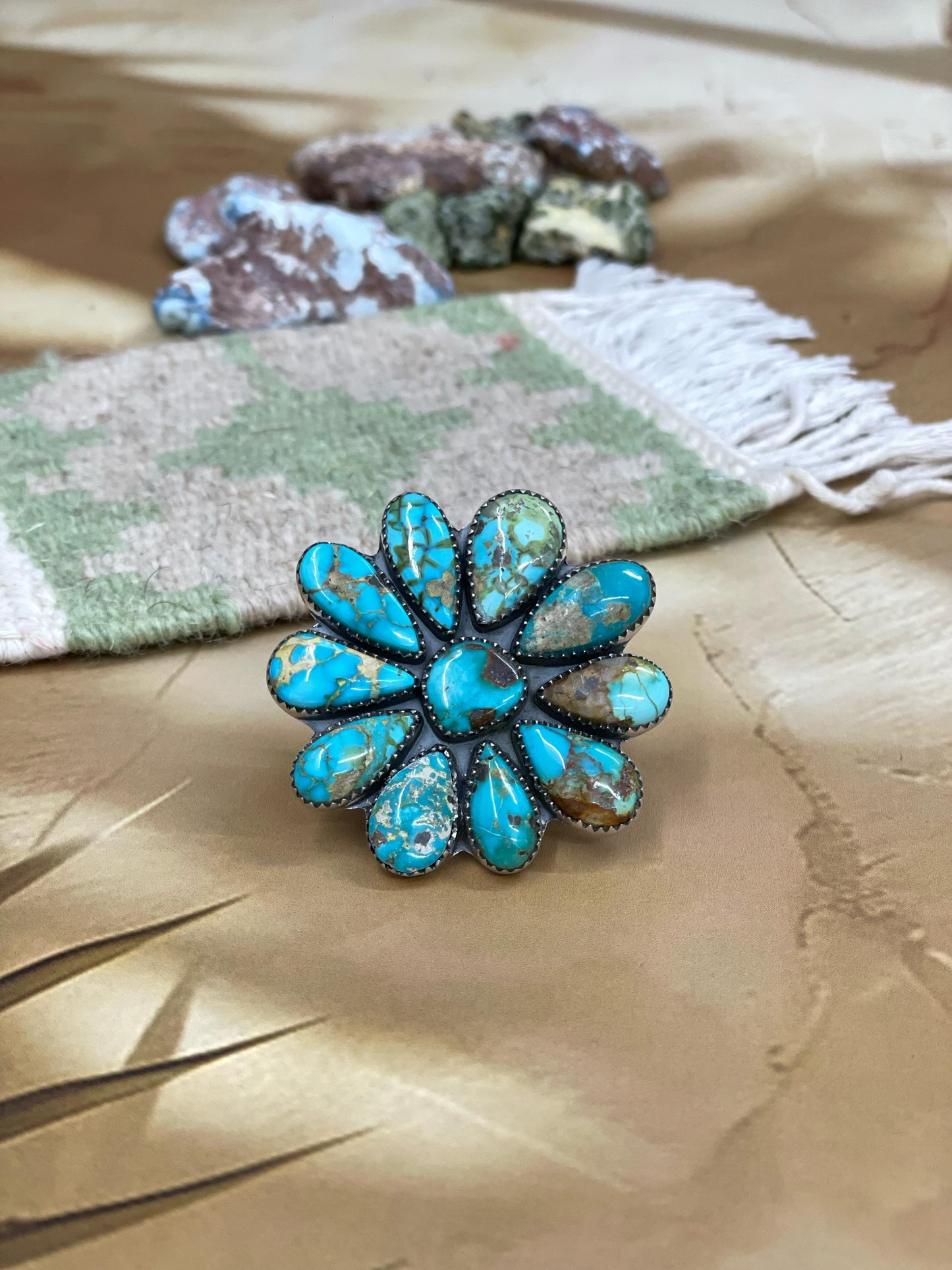 Handmade Sterling Silver South Hill Turquoise Adjustable Ring with Signed Nizhoni