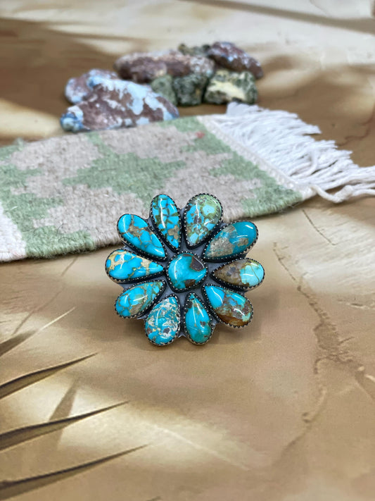 Handmade Sterling Silver South Hill Turquoise Adjustable Ring with Signed Nizhoni