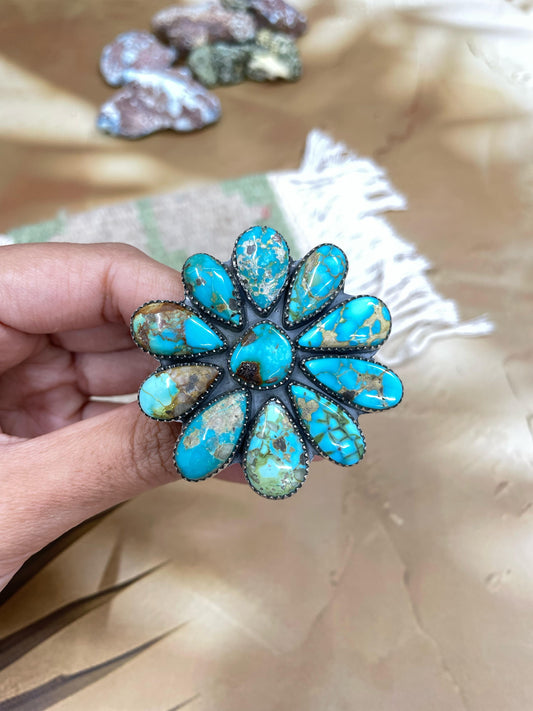 Handmade Sterling Silver South Hill Turquoise Adjustable Ring with Signed Nizhoni