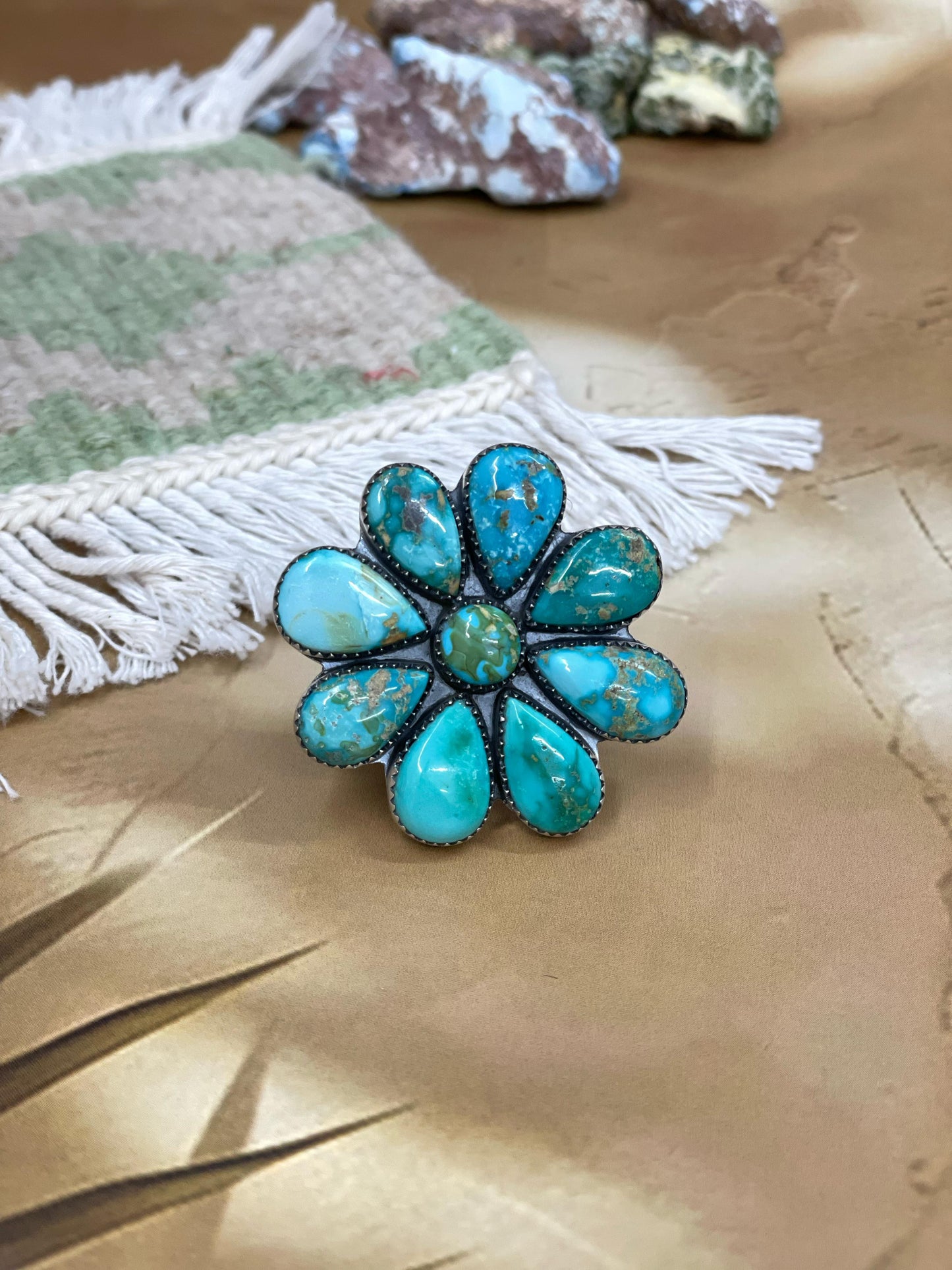 Handmade Sterling Silver South Hill Turquoise Adjustable Ring with Signed Nizhoni