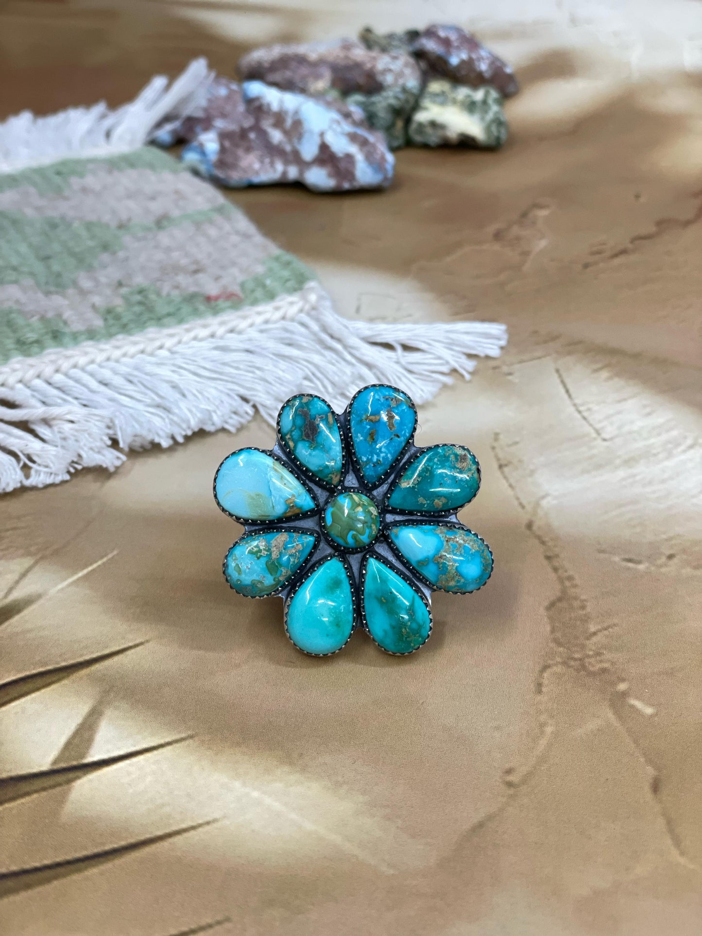 Handmade Sterling Silver South Hill Turquoise Adjustable Ring with Signed Nizhoni