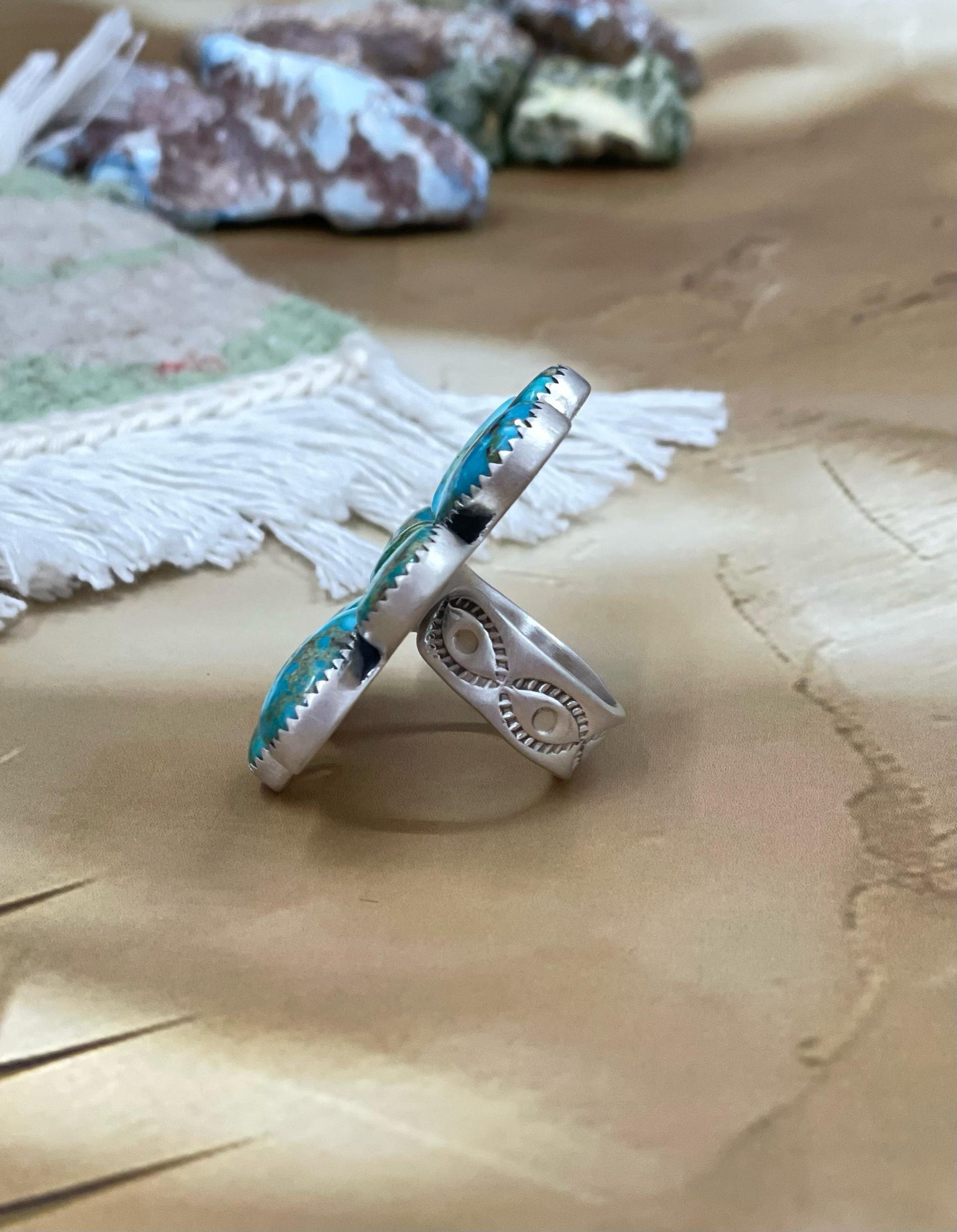 Handmade Sterling Silver South Hill Turquoise Adjustable Ring with Signed Nizhoni